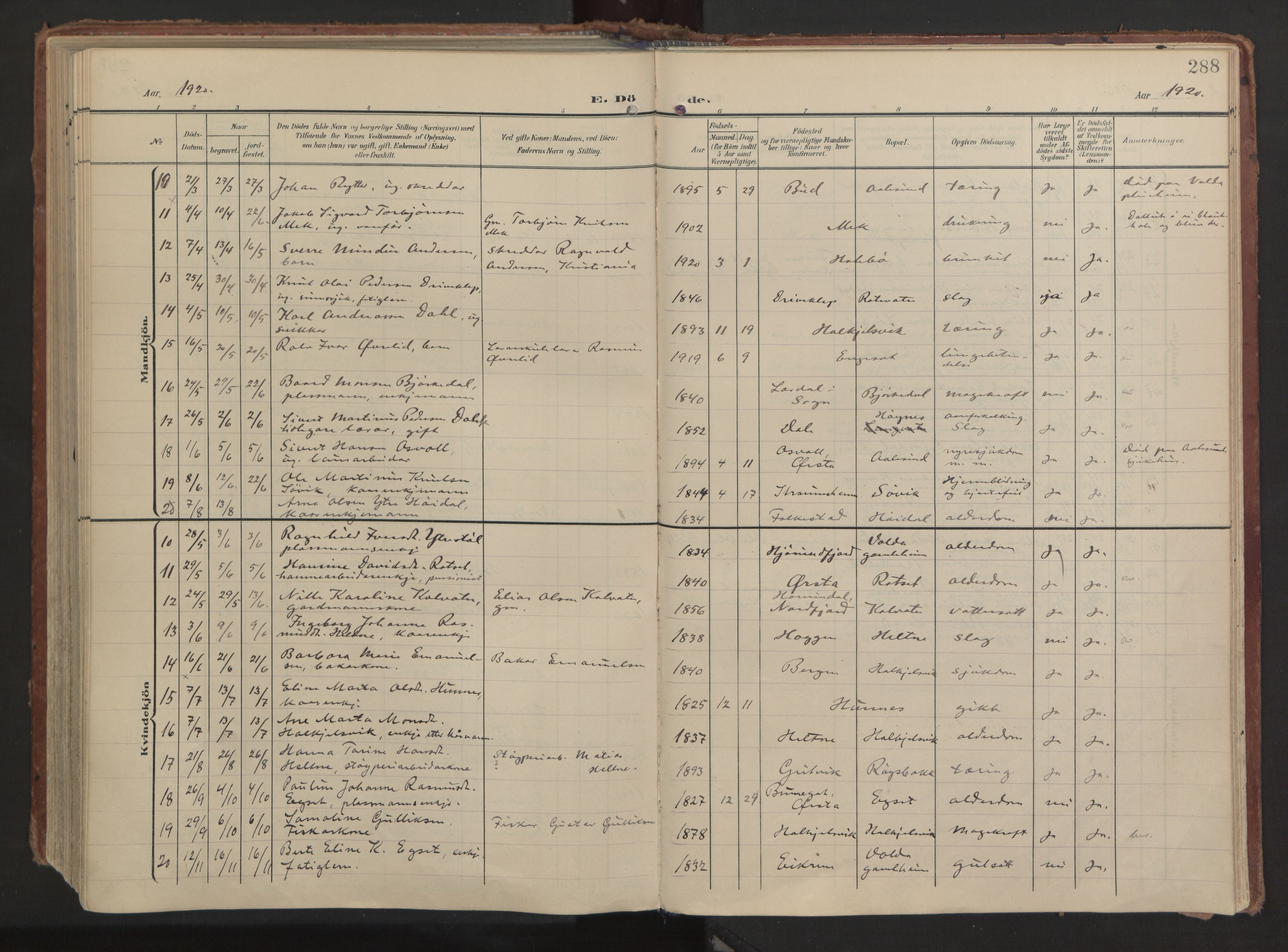 Ministerialprotokoller, klokkerbøker og fødselsregistre - Møre og Romsdal, AV/SAT-A-1454/511/L0144: Ministerialbok nr. 511A11, 1906-1923, s. 288