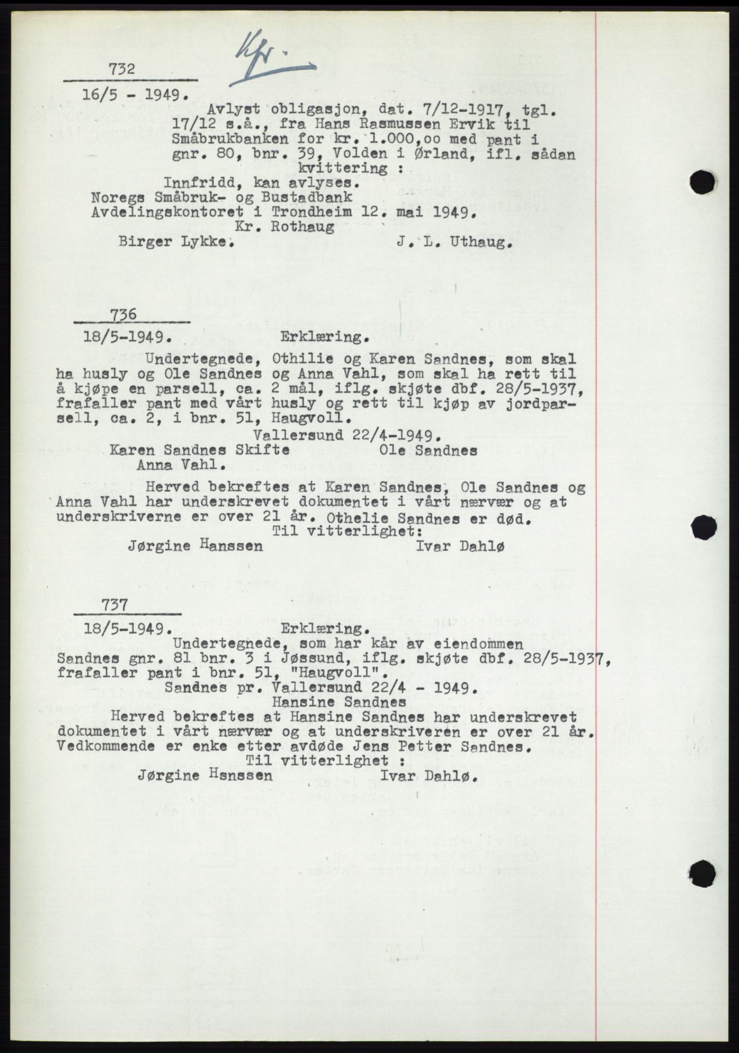 Fosen sorenskriveri, AV/SAT-A-1107/1/2/2C: Pantebok nr. B3, 1948-1950, Dagboknr: 732/1949