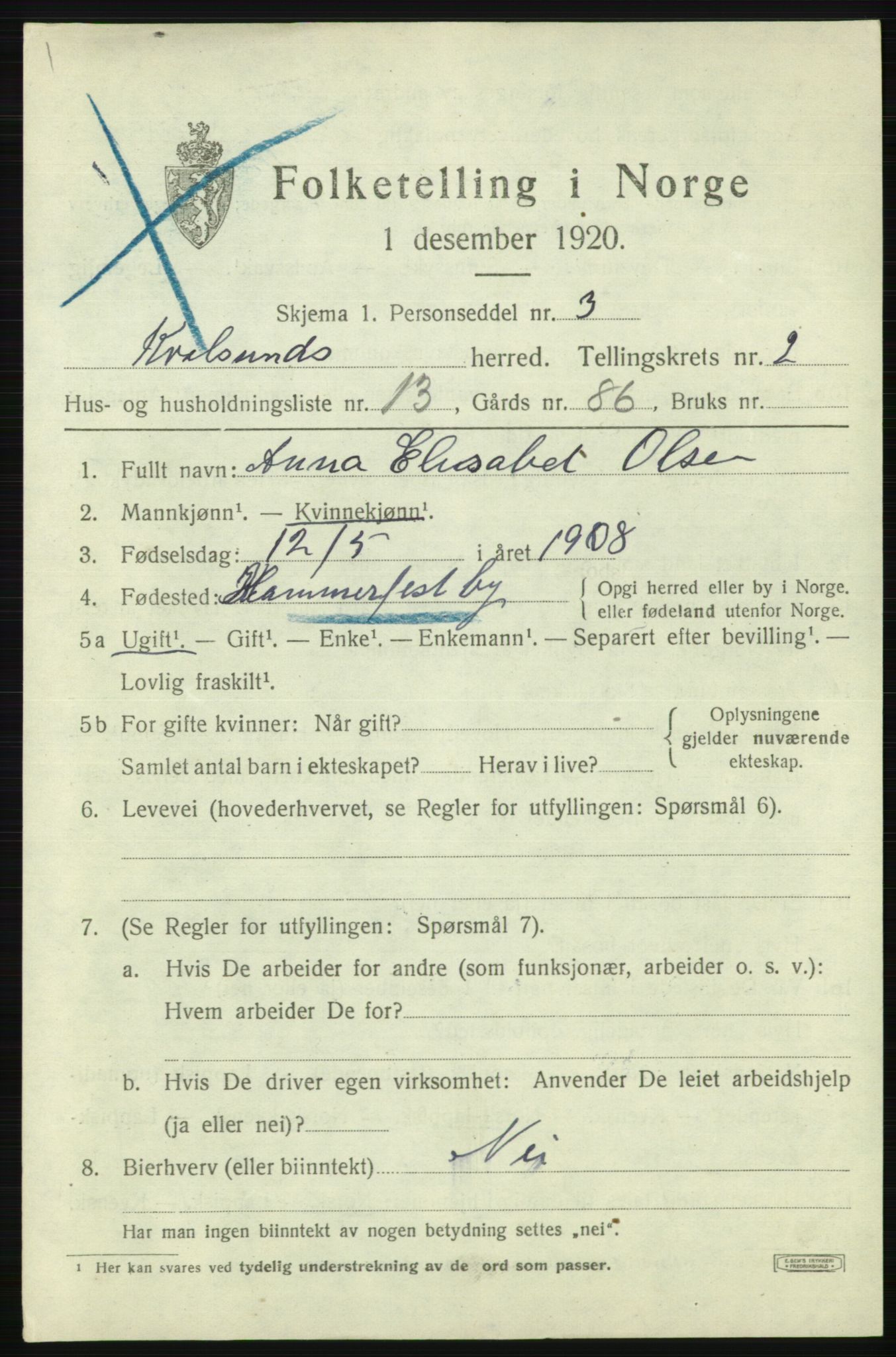 SATØ, Folketelling 1920 for 2017 Kvalsund herred, 1920, s. 834