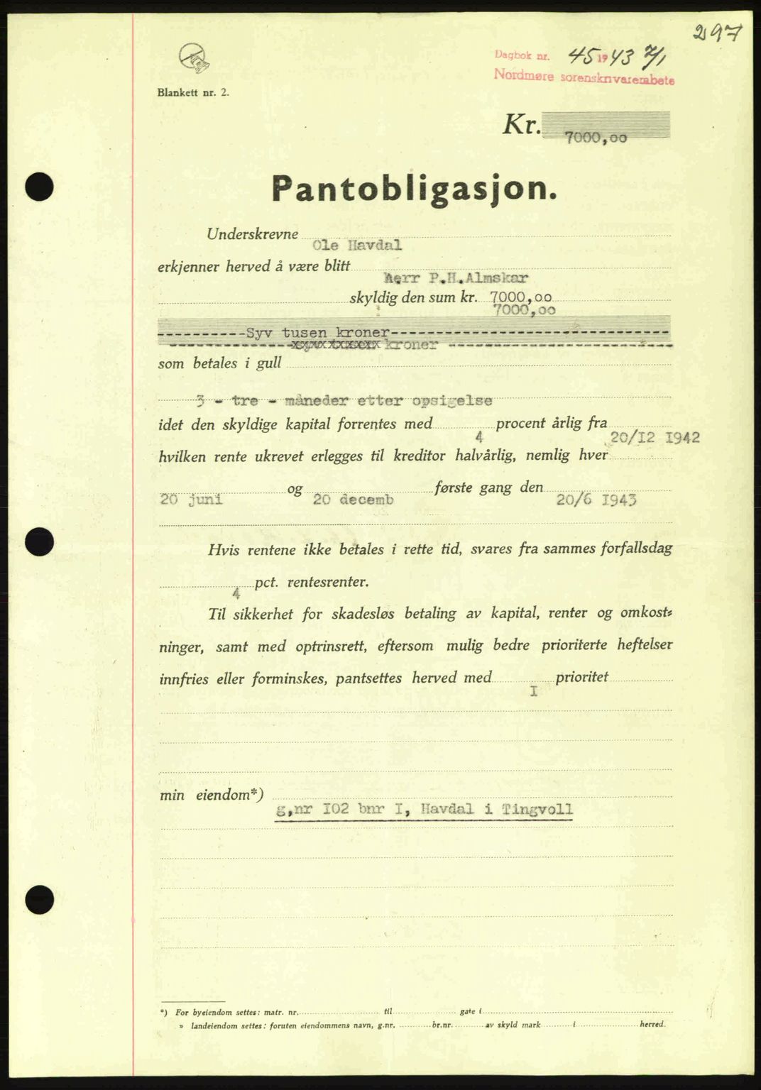Nordmøre sorenskriveri, SAT/A-4132/1/2/2Ca: Pantebok nr. B90, 1942-1943, Dagboknr: 45/1943
