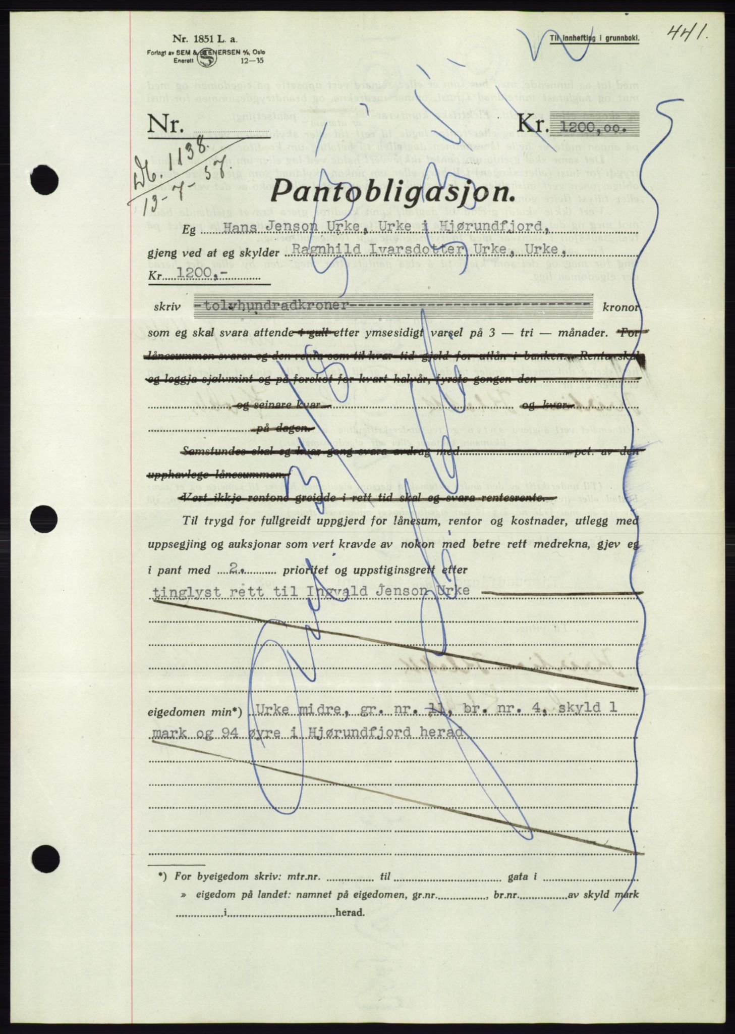 Søre Sunnmøre sorenskriveri, AV/SAT-A-4122/1/2/2C/L0063: Pantebok nr. 57, 1937-1937, Dagboknr: 1138/1937