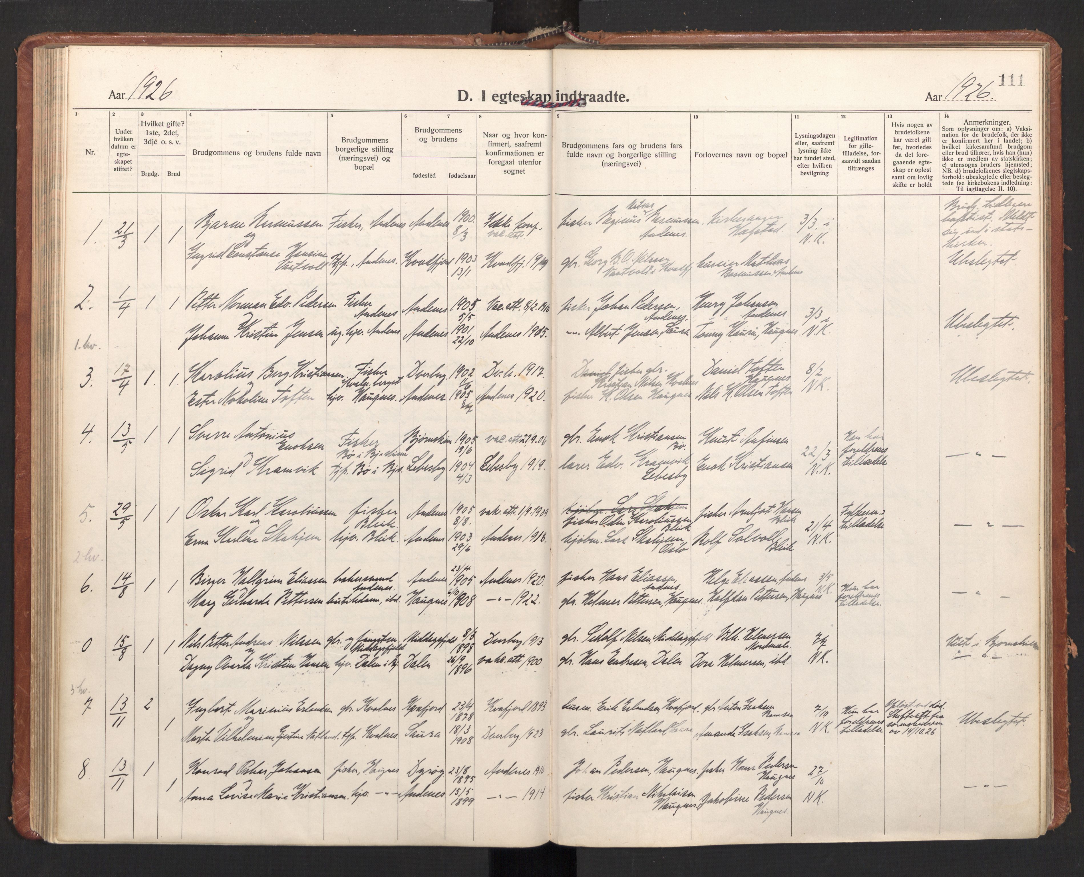Ministerialprotokoller, klokkerbøker og fødselsregistre - Nordland, AV/SAT-A-1459/897/L1408: Ministerialbok nr. 897A15, 1922-1938, s. 111