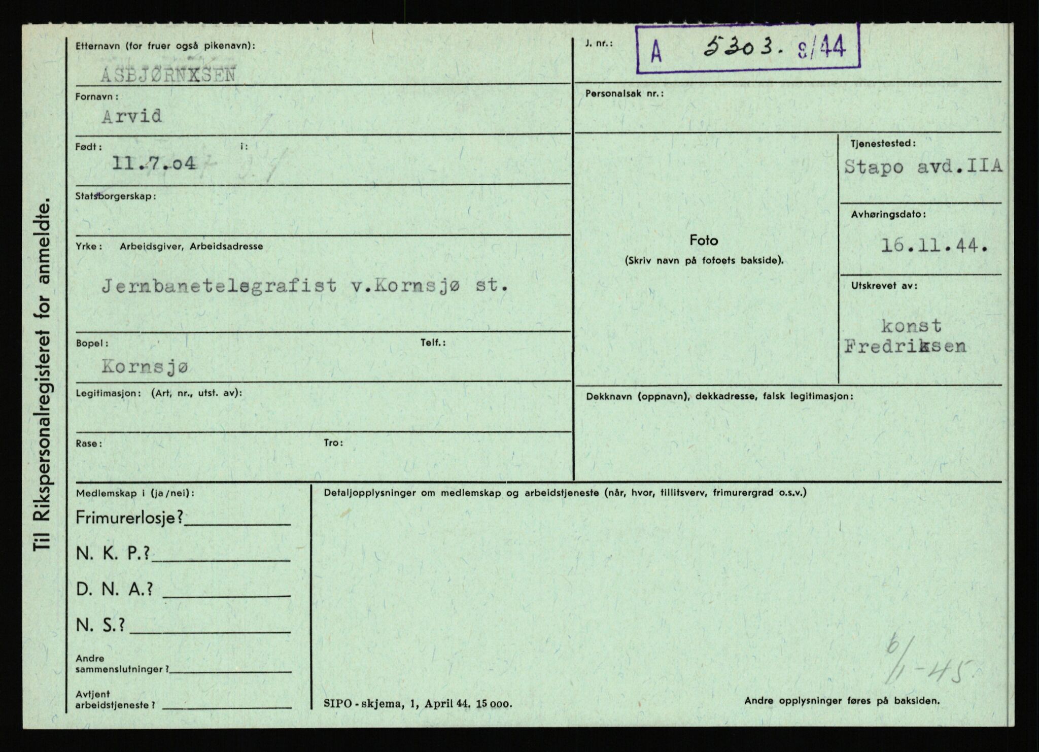 Statspolitiet - Hovedkontoret / Osloavdelingen, AV/RA-S-1329/C/Ca/L0002: Arneberg - Brand, 1943-1945, s. 350