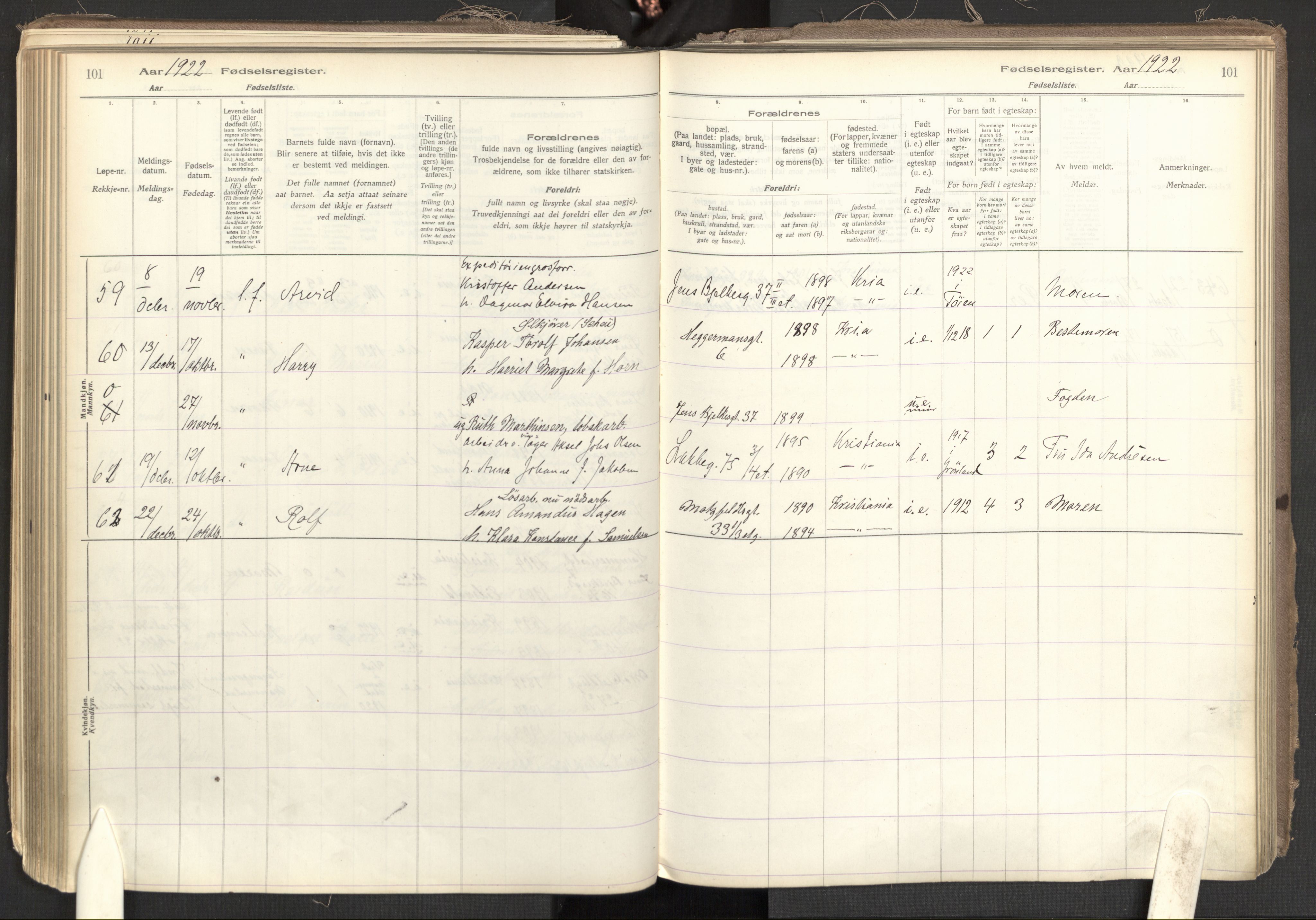 Tøyen prestekontor Kirkebøker, AV/SAO-A-10167a/J/Ja/L0001: Fødselsregister nr. 1, 1916-1944, s. 101