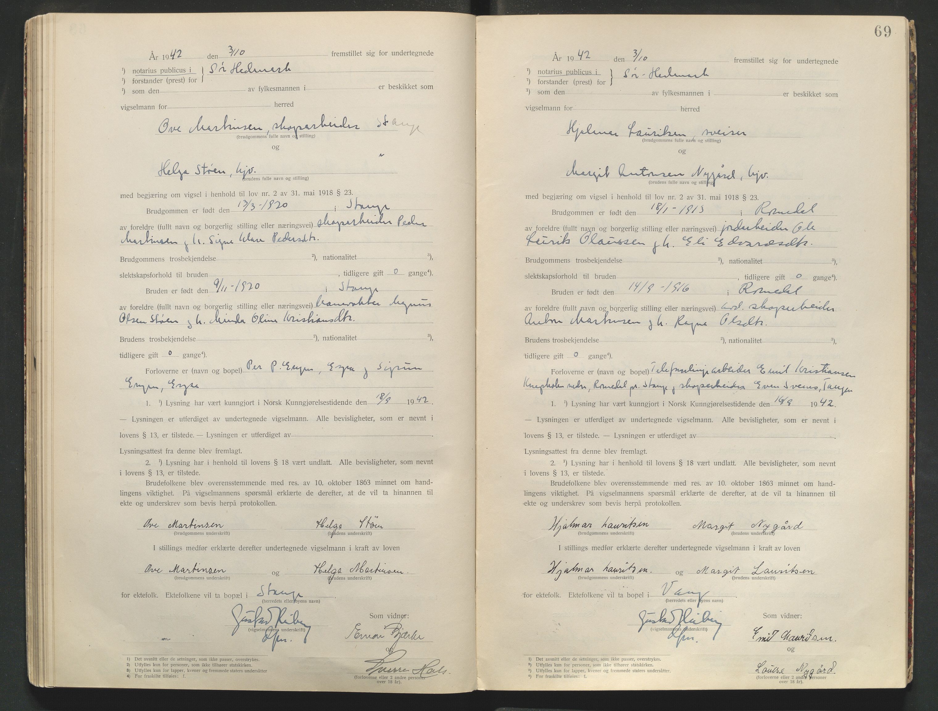Sør-Hedmark sorenskriveri, AV/SAH-TING-014/L/Le/L0001/0002: Vigselbøker / Vigselbok, 1938-1942, s. 69