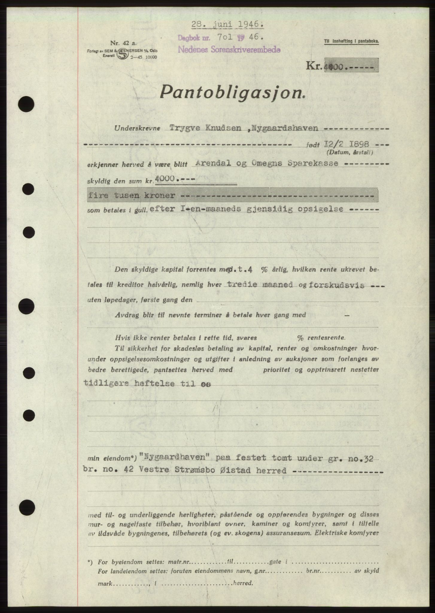 Nedenes sorenskriveri, SAK/1221-0006/G/Gb/Gbb/L0003: Pantebok nr. B3b, 1946-1946, Dagboknr: 701/1946