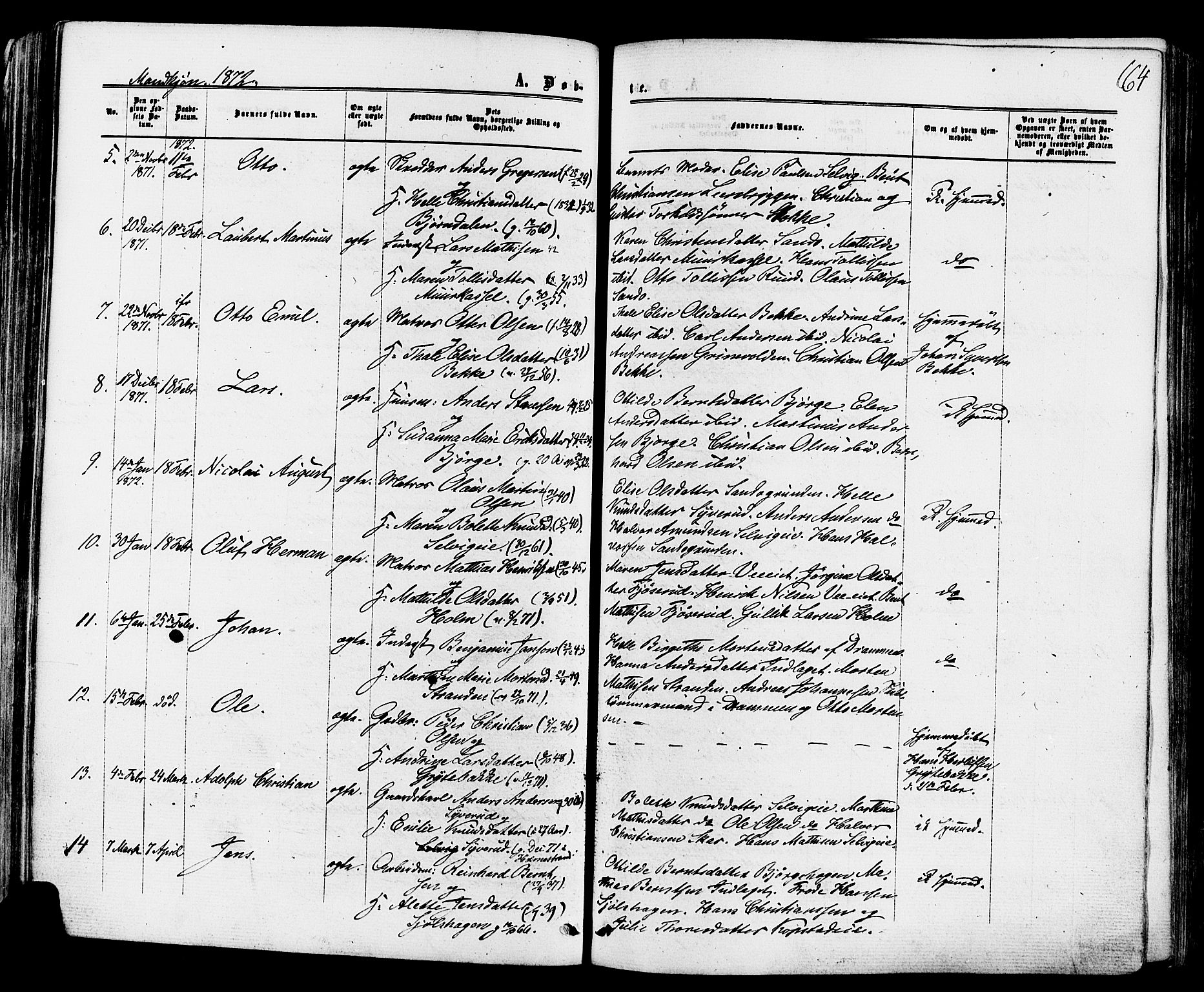Sande Kirkebøker, AV/SAKO-A-53/F/Fa/L0005: Ministerialbok nr. 5, 1865-1877, s. 64