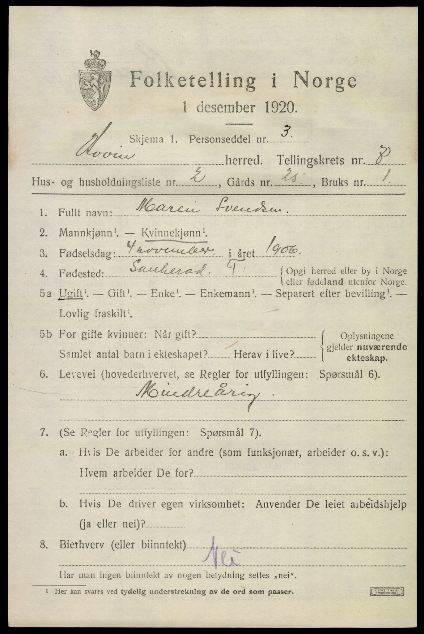 SAKO, Folketelling 1920 for 0825 Hovin herred, 1920, s. 1709