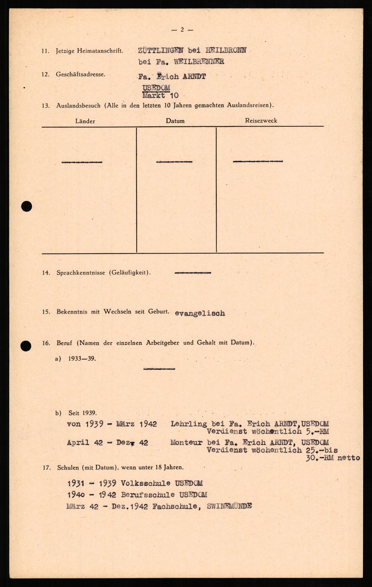 Forsvaret, Forsvarets overkommando II, RA/RAFA-3915/D/Db/L0012: CI Questionaires. Tyske okkupasjonsstyrker i Norge. Tyskere., 1945-1946, s. 458