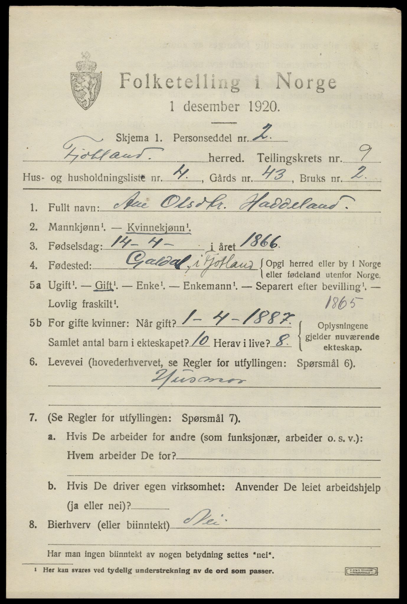 SAK, Folketelling 1920 for 1036 Fjotland herred, 1920, s. 2268