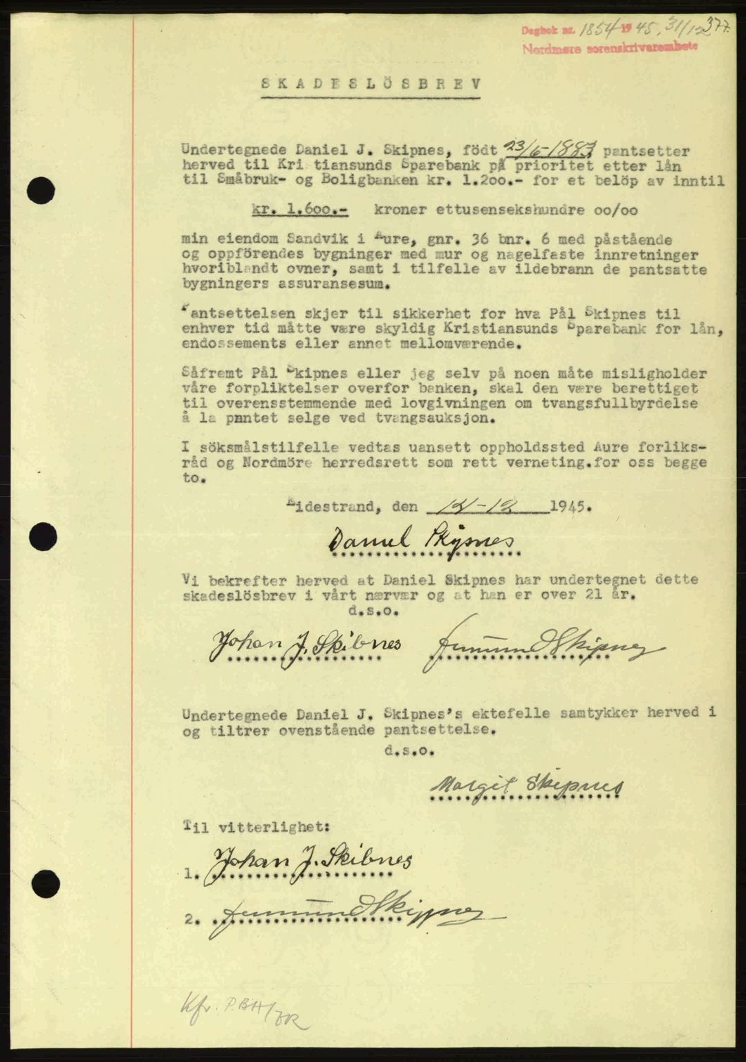 Nordmøre sorenskriveri, AV/SAT-A-4132/1/2/2Ca: Pantebok nr. B93a, 1945-1945, Dagboknr: 1854/1945