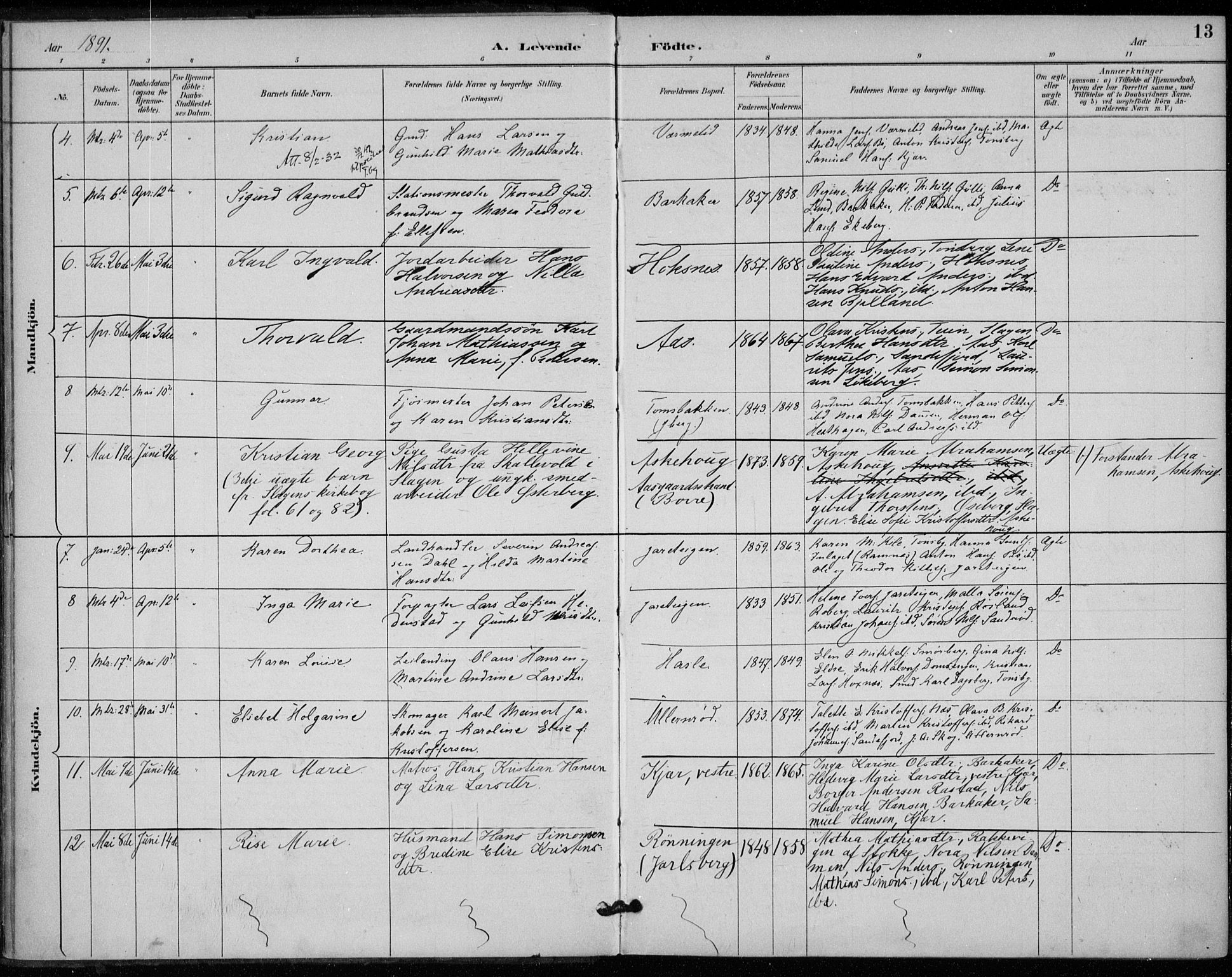 Sem kirkebøker, AV/SAKO-A-5/F/Fa/L0011: Ministerialbok nr. I 11, 1888-1904, s. 13