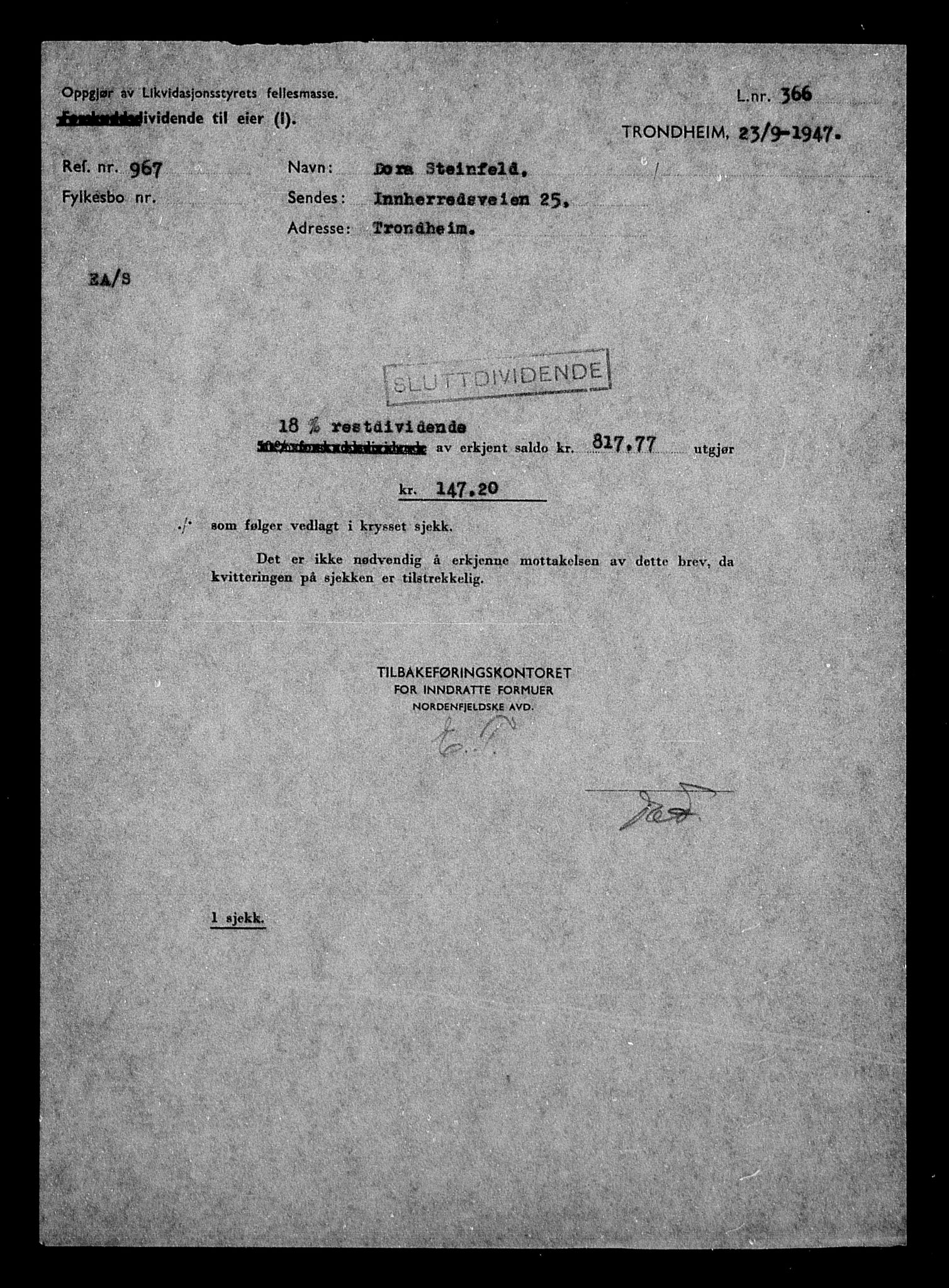 Justisdepartementet, Tilbakeføringskontoret for inndratte formuer, AV/RA-S-1564/H/Hc/Hca/L0908: --, 1945-1947, s. 274