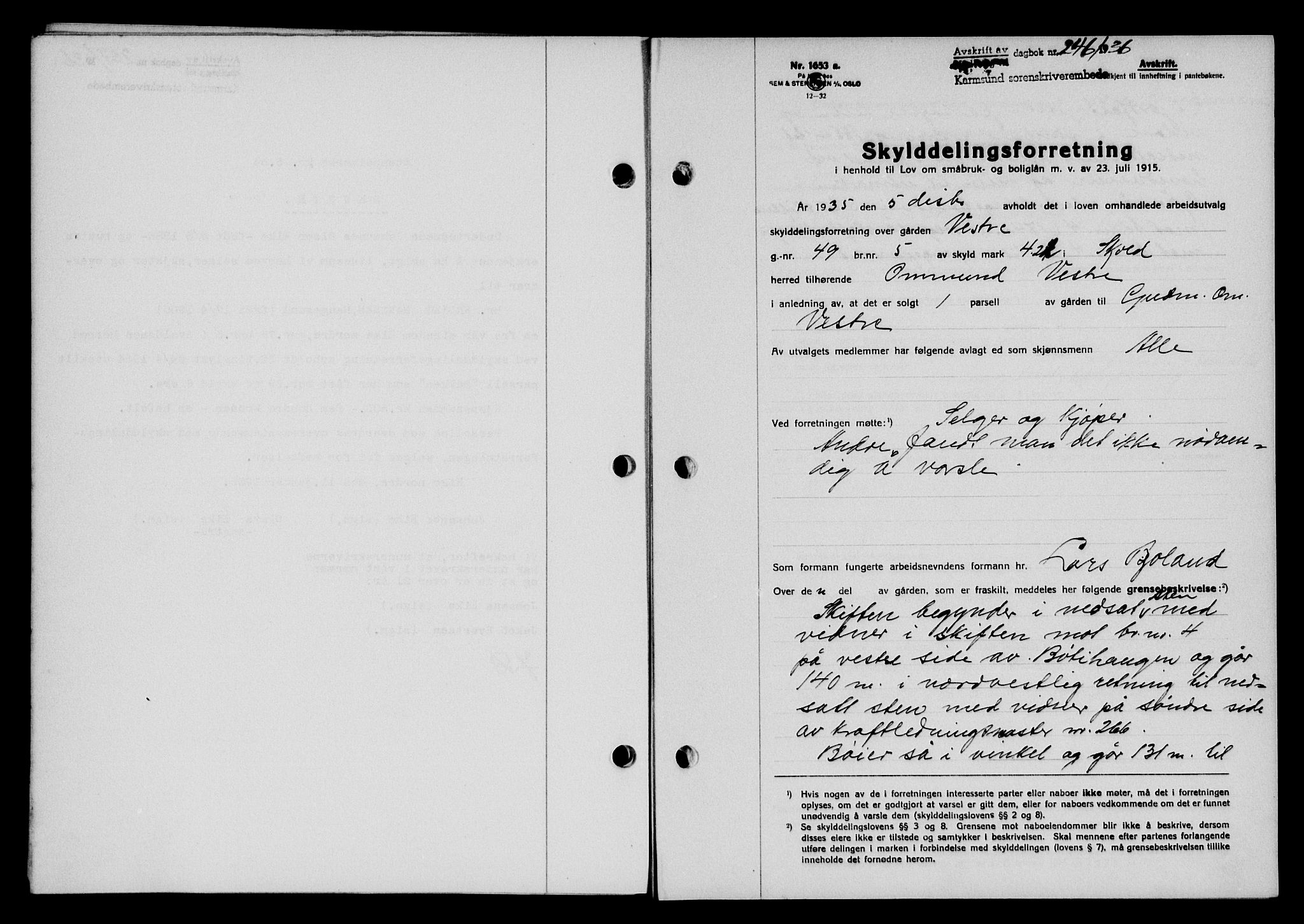 Karmsund sorenskriveri, SAST/A-100311/01/II/IIB/L0066: Pantebok nr. 47A, 1936-1936, Dagboknr: 246/1936