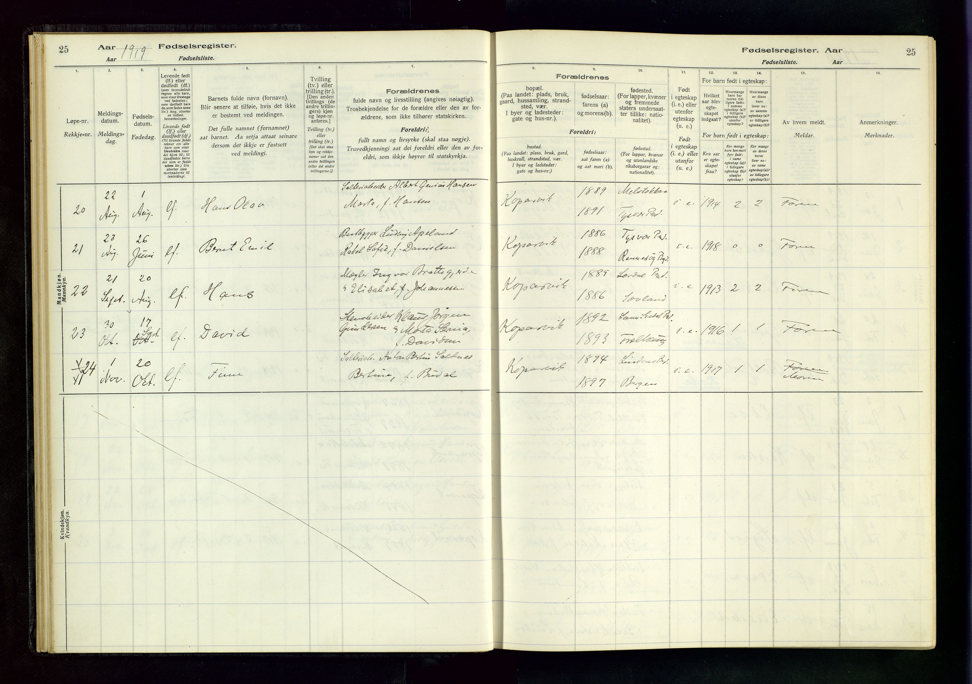 Kopervik sokneprestkontor, AV/SAST-A-101850/I/Id/L0001: Fødselsregister nr. 1, 1916-1952, s. 25