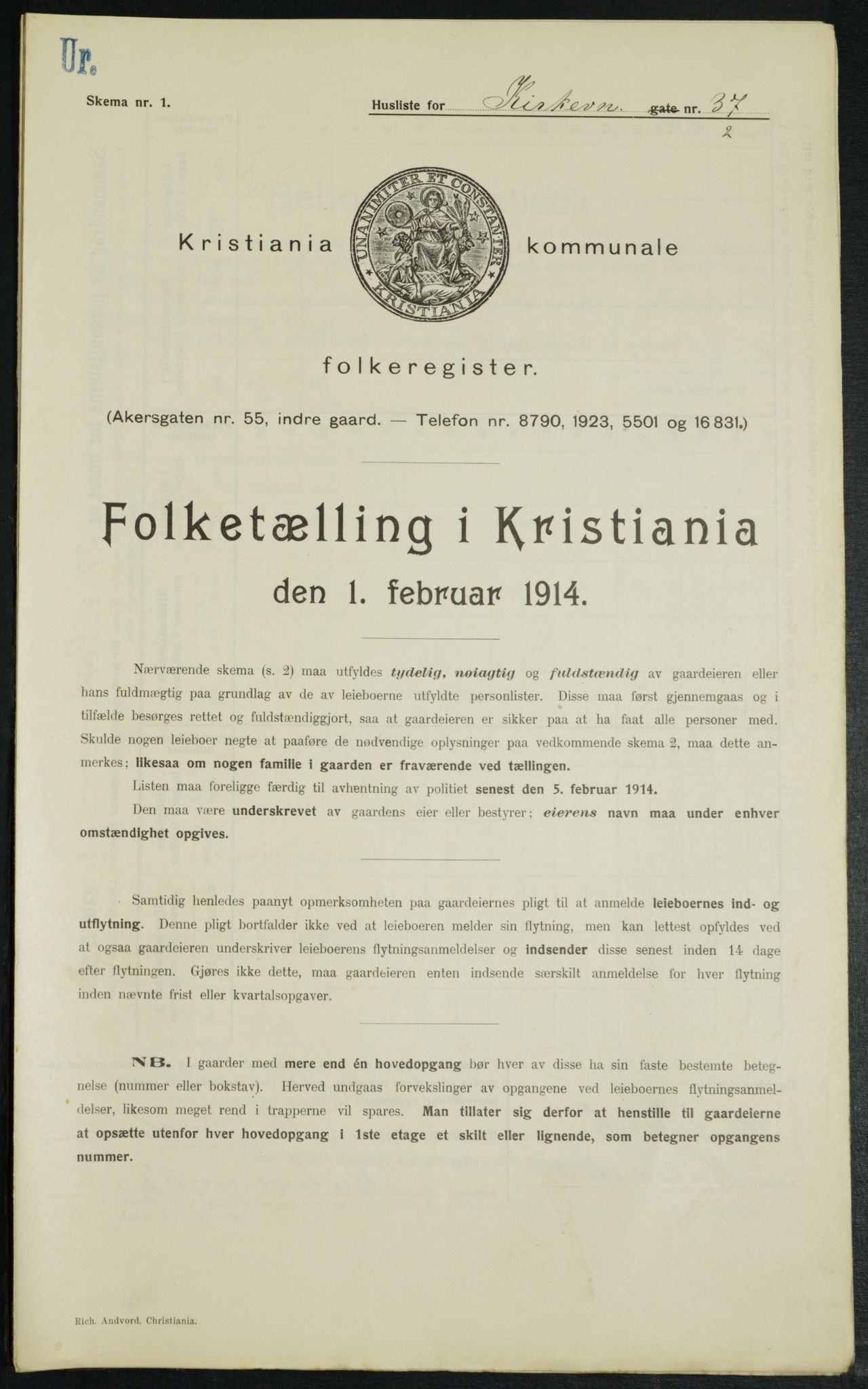 OBA, Kommunal folketelling 1.2.1914 for Kristiania, 1914, s. 50916