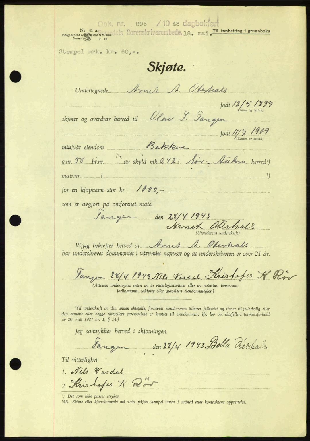 Romsdal sorenskriveri, AV/SAT-A-4149/1/2/2C: Pantebok nr. A14, 1943-1943, Dagboknr: 895/1943