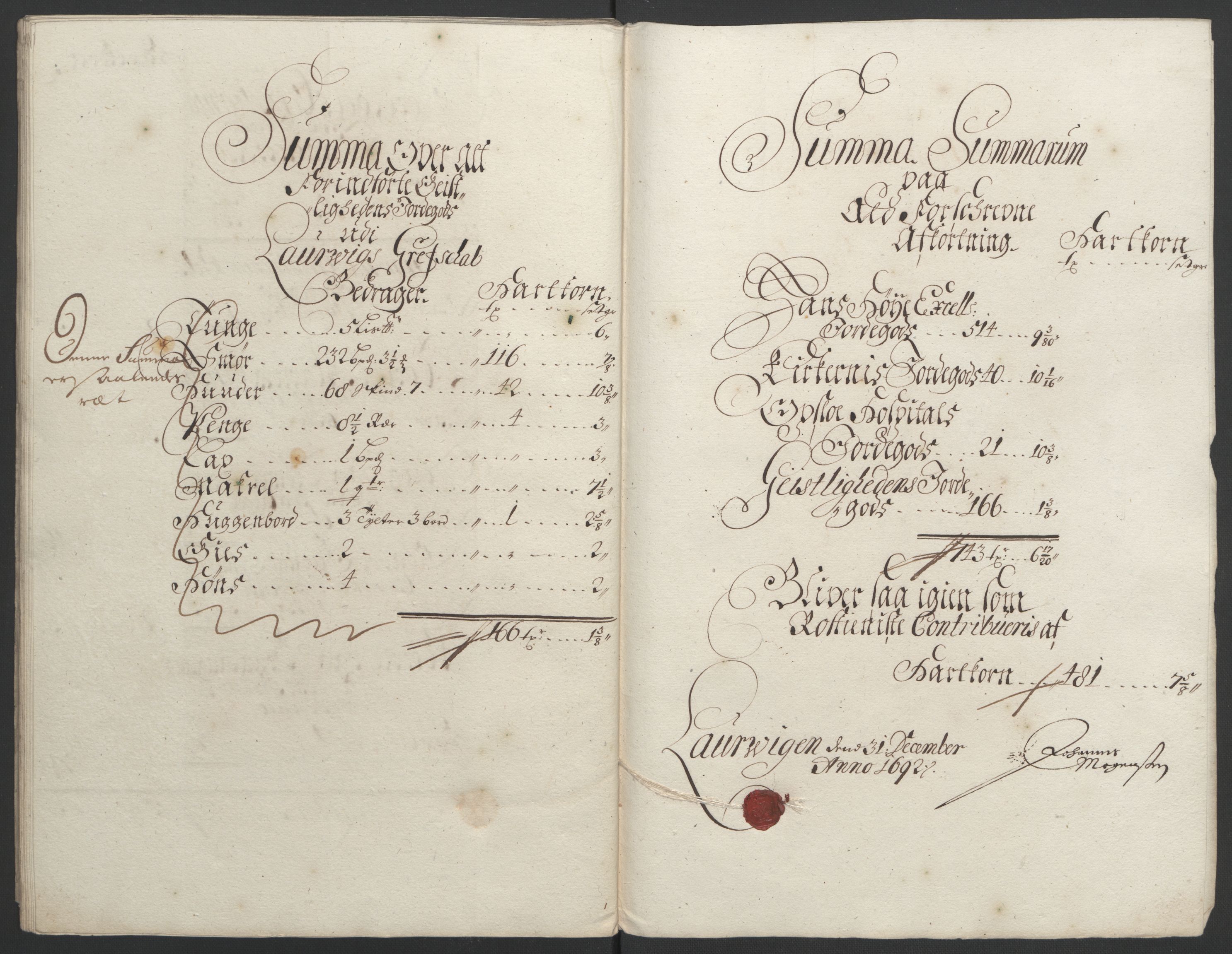 Rentekammeret inntil 1814, Reviderte regnskaper, Fogderegnskap, RA/EA-4092/R33/L1973: Fogderegnskap Larvik grevskap, 1692, s. 168