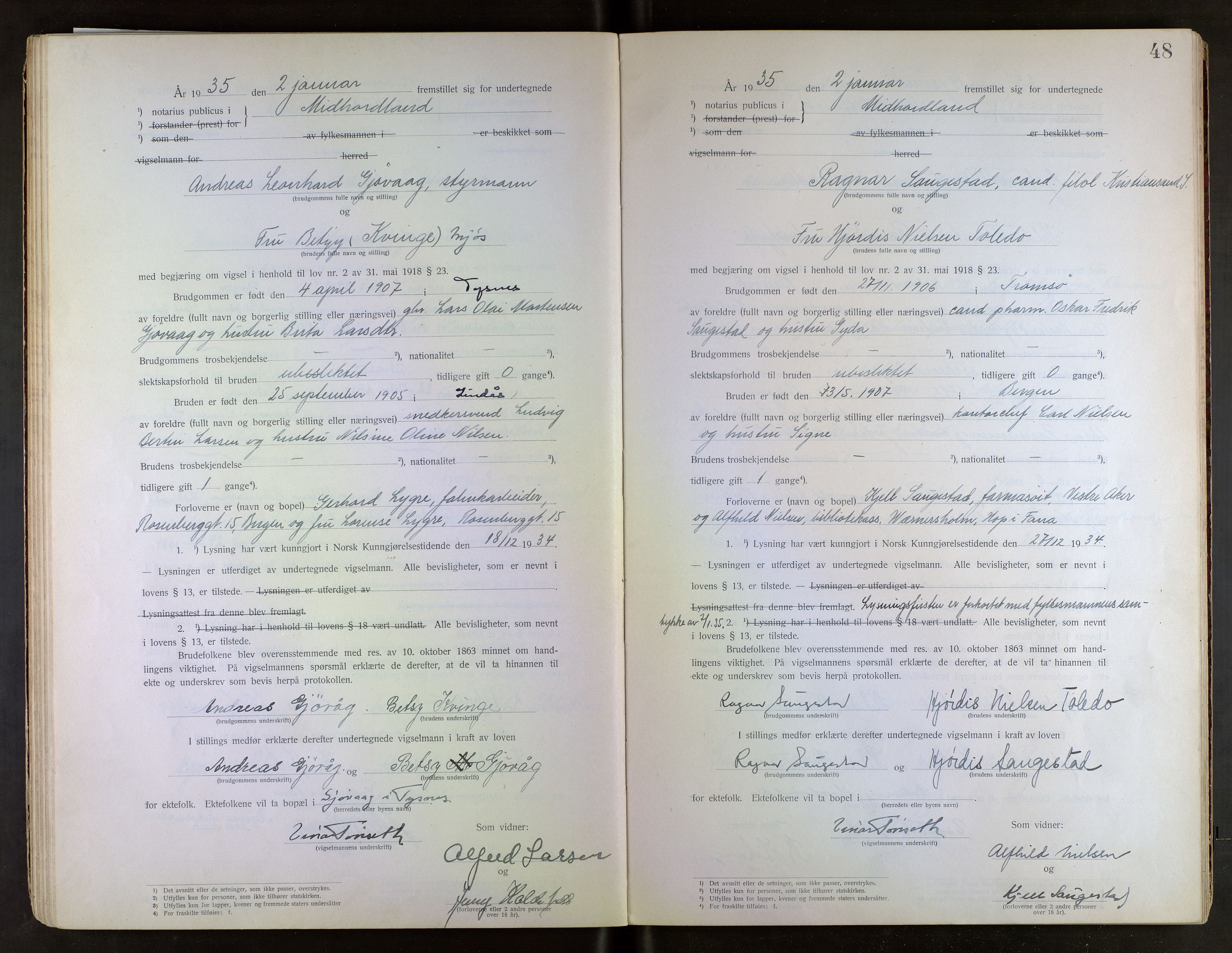 Midhordland sorenskriveri, SAB/A-3001/1/M/Mc/Mca/L0001: Notarialbilag. Vigselbøker, 1920-1939, s. 48