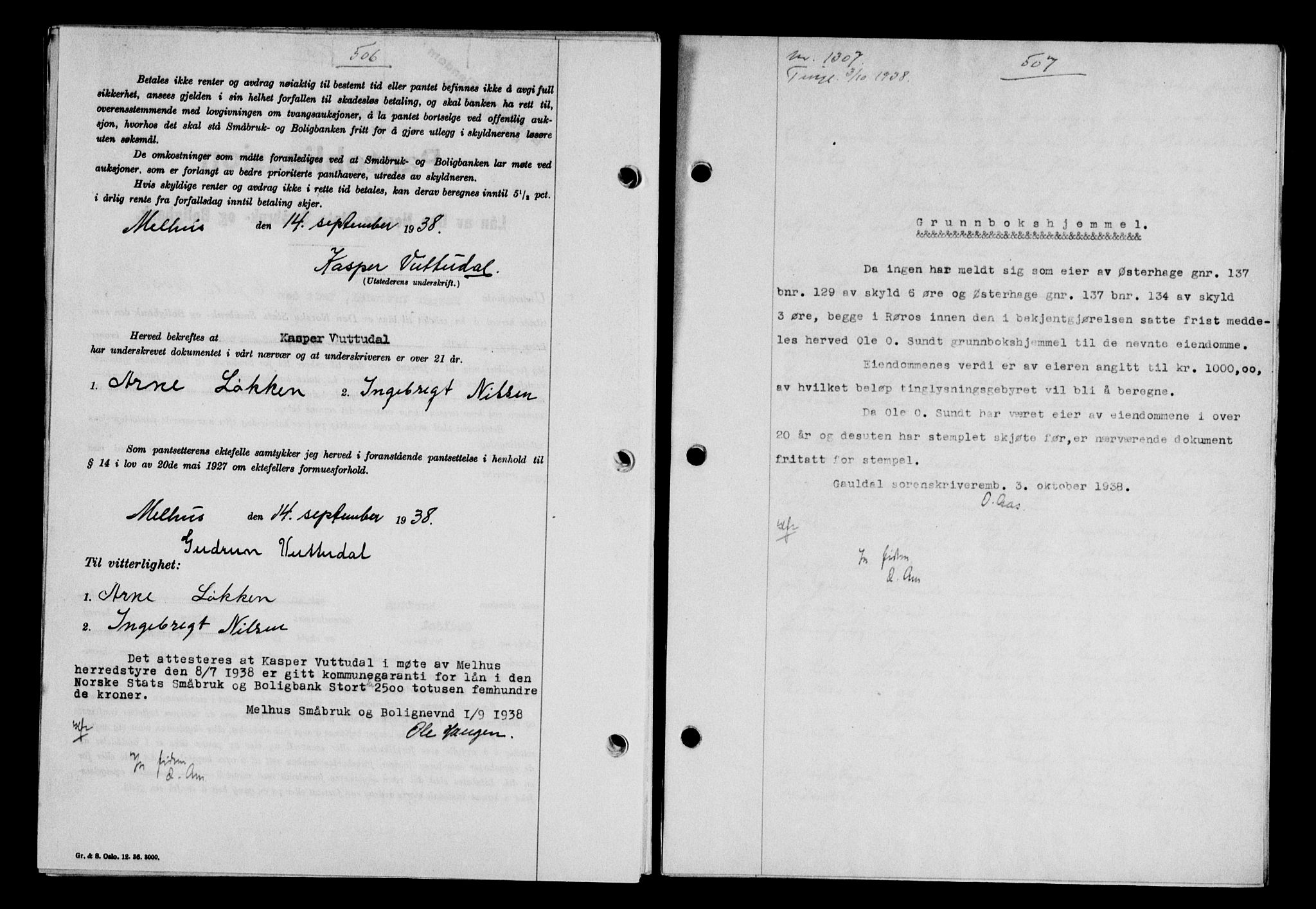 Gauldal sorenskriveri, SAT/A-0014/1/2/2C/L0049: Pantebok nr. 53, 1938-1938, Dagboknr: 1307/1938