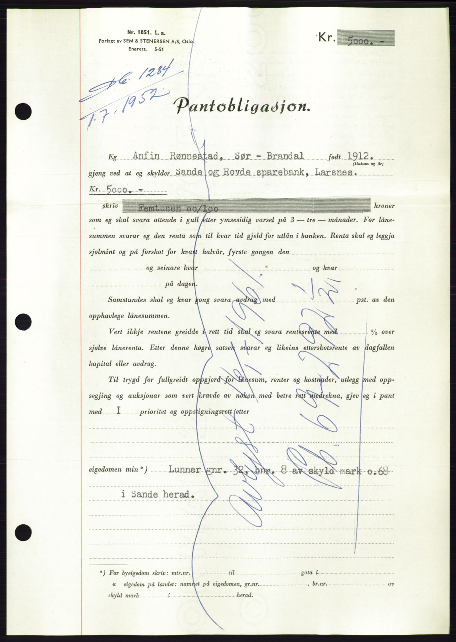 Søre Sunnmøre sorenskriveri, AV/SAT-A-4122/1/2/2C/L0121: Pantebok nr. 9B, 1951-1952, Dagboknr: 1284/1952
