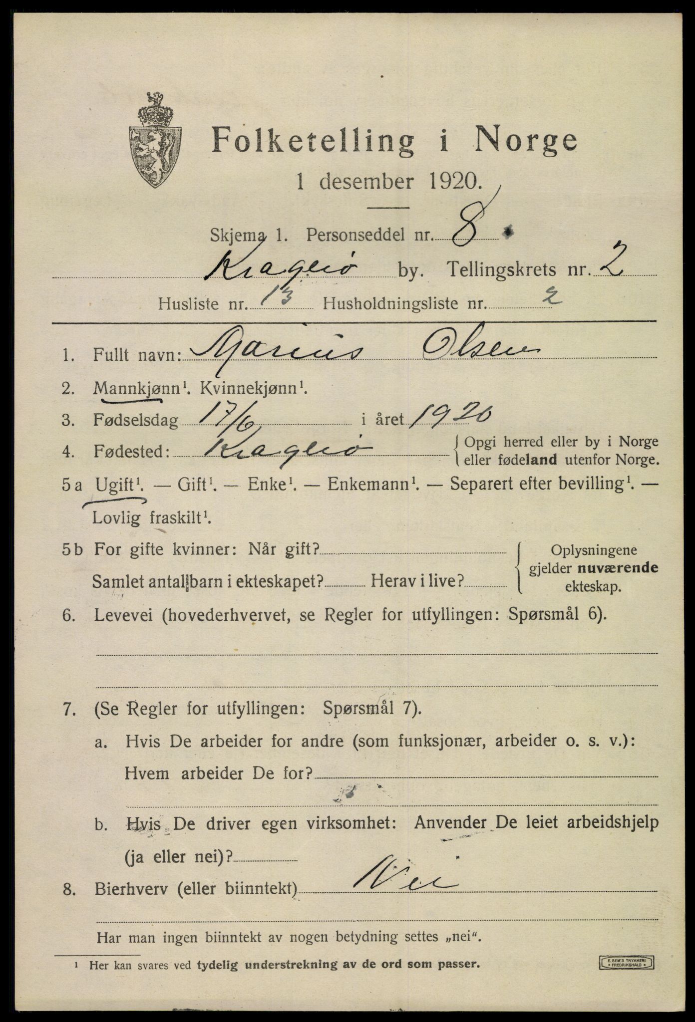 SAKO, Folketelling 1920 for 0801 Kragerø kjøpstad, 1920, s. 5479