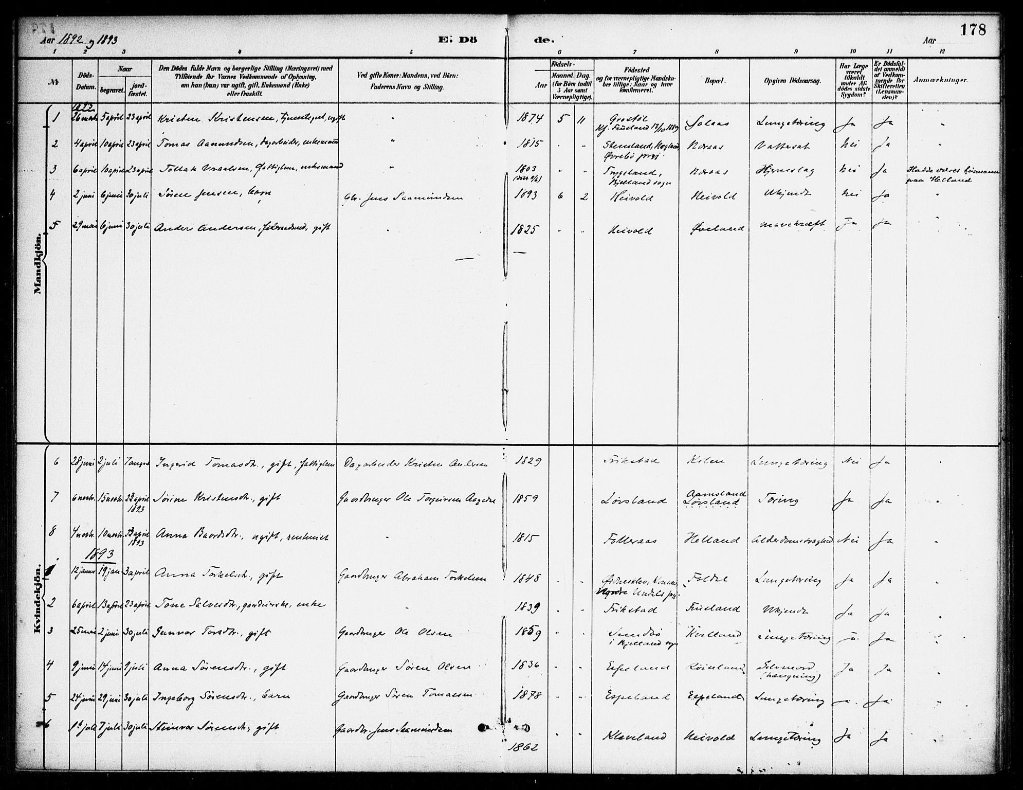 Bjelland sokneprestkontor, AV/SAK-1111-0005/F/Fa/Fab/L0004: Ministerialbok nr. A 4, 1887-1920, s. 178