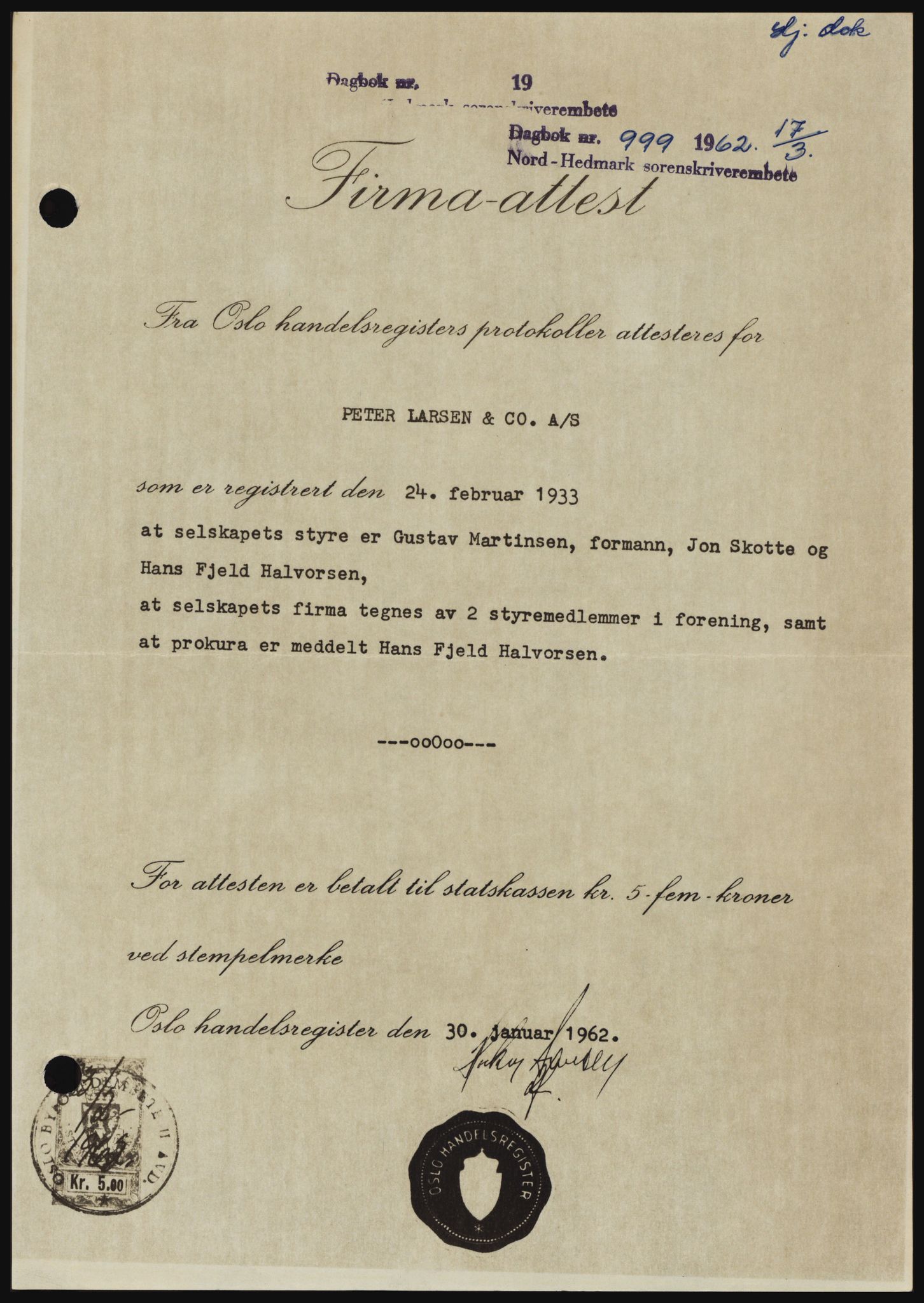 Nord-Hedmark sorenskriveri, SAH/TING-012/H/Hc/L0016: Pantebok nr. 16, 1962-1962, Dagboknr: 999/1962