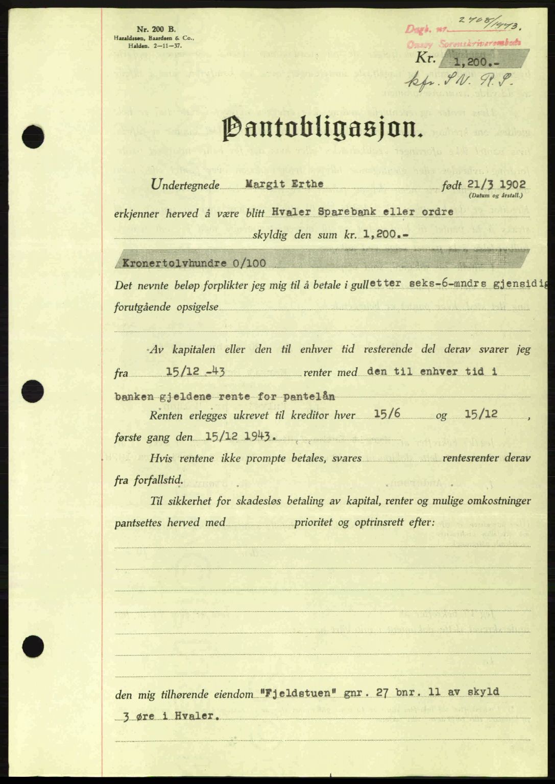 Onsøy sorenskriveri, SAO/A-10474/G/Ga/Gac/L0003: Pantebok nr. B3, 1940-1944, Dagboknr: 2405/1943