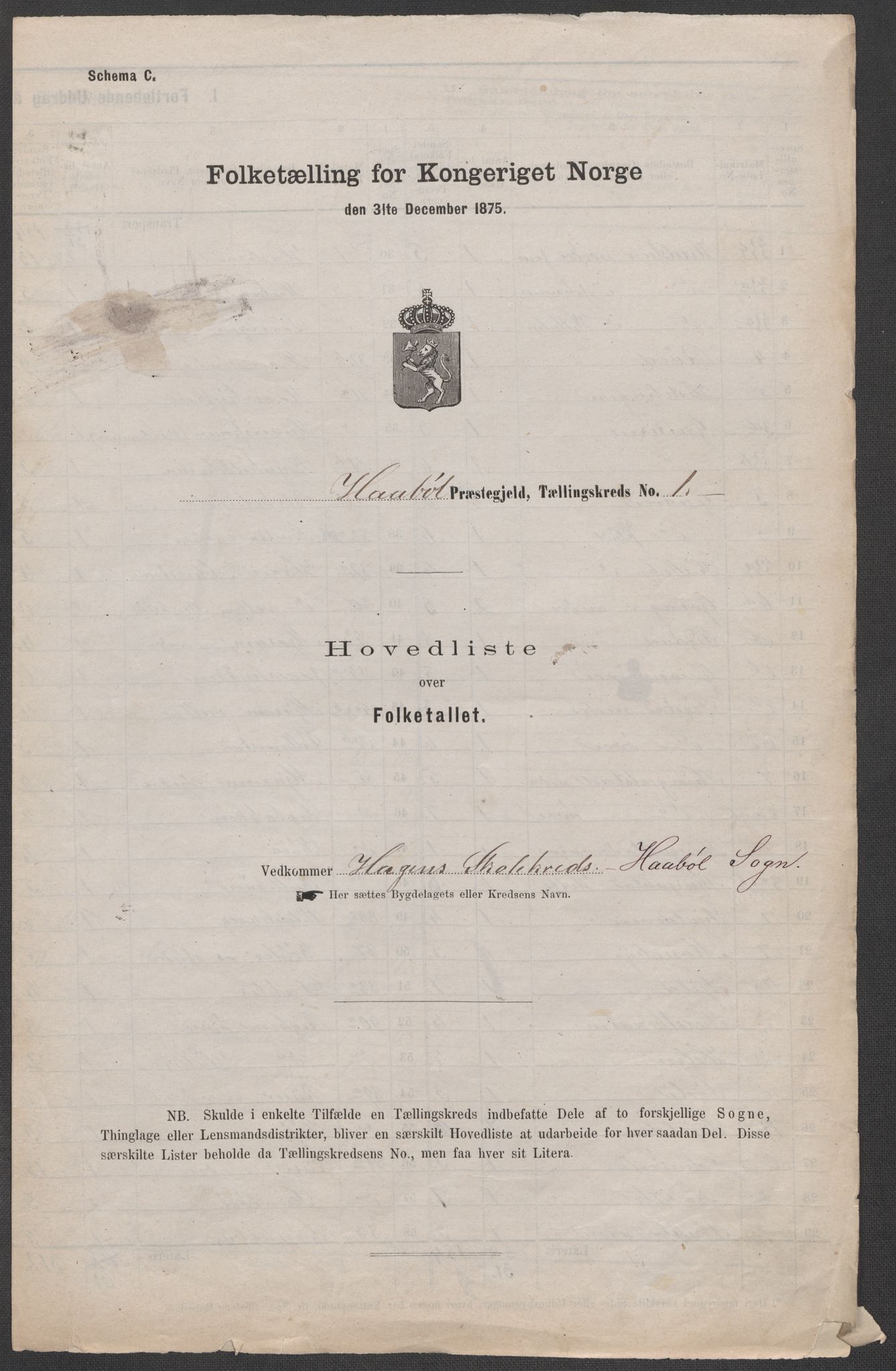 RA, Folketelling 1875 for 0138P Hobøl prestegjeld, 1875, s. 1