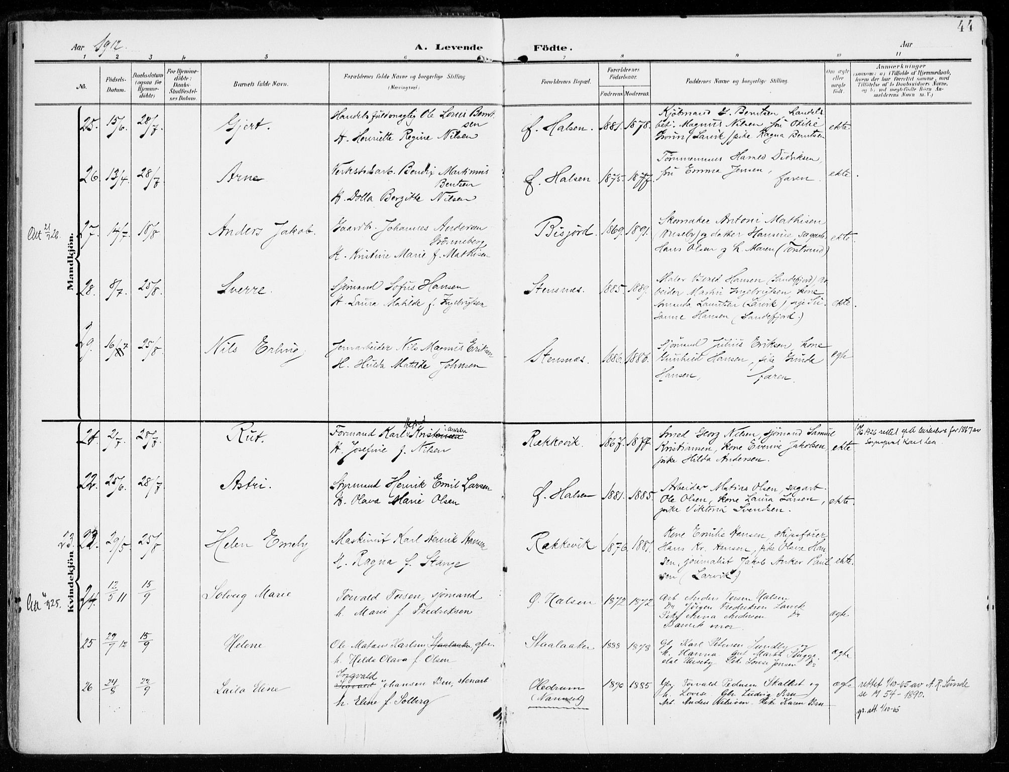 Tjølling kirkebøker, AV/SAKO-A-60/F/Fa/L0010: Ministerialbok nr. 10, 1906-1923, s. 44
