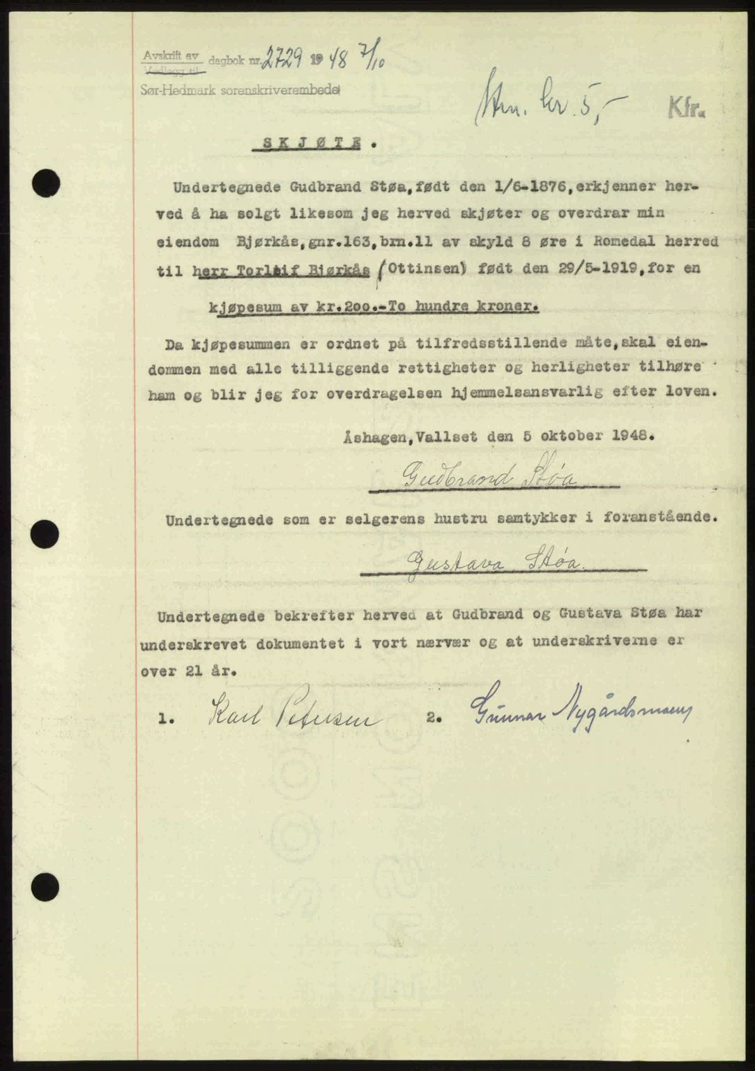 Sør-Hedmark sorenskriveri, SAH/TING-014/H/Hb/Hbd/L0018: Pantebok nr. 18, 1948-1949, Dagboknr: 2729/1948