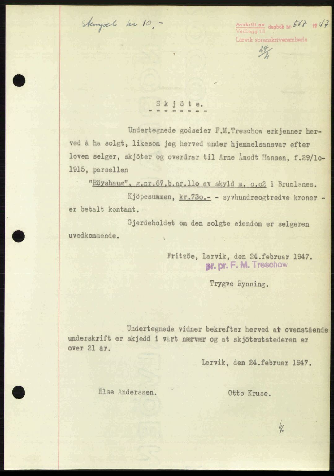 Larvik sorenskriveri, SAKO/A-83/G/Ga/Gab/L0083: Pantebok nr. A-17, 1946-1947, Dagboknr: 547/1947