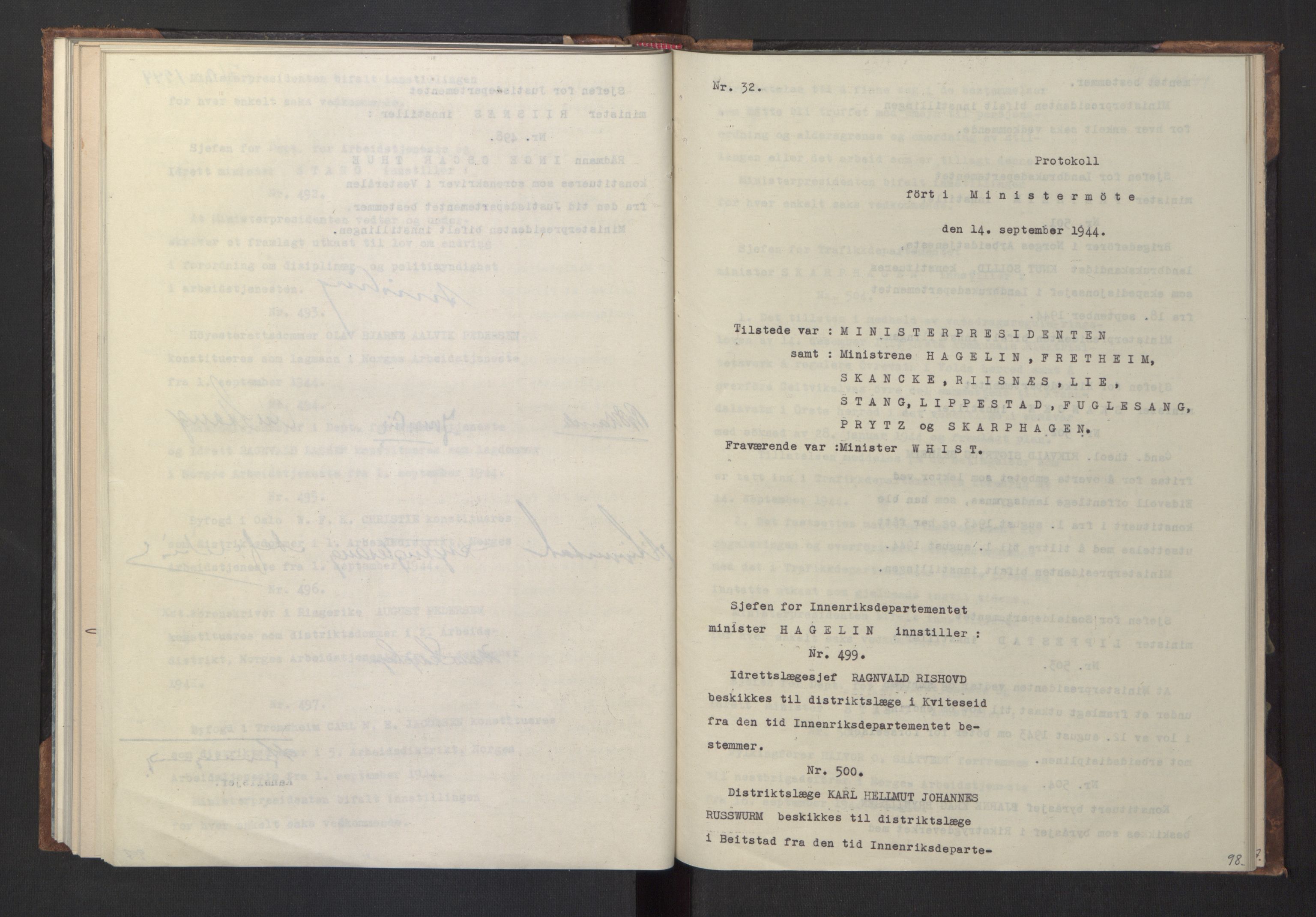 NS-administrasjonen 1940-1945 (Statsrådsekretariatet, de kommisariske statsråder mm), AV/RA-S-4279/D/Da/L0005: Protokoll fra ministermøter, 1944, s. 100