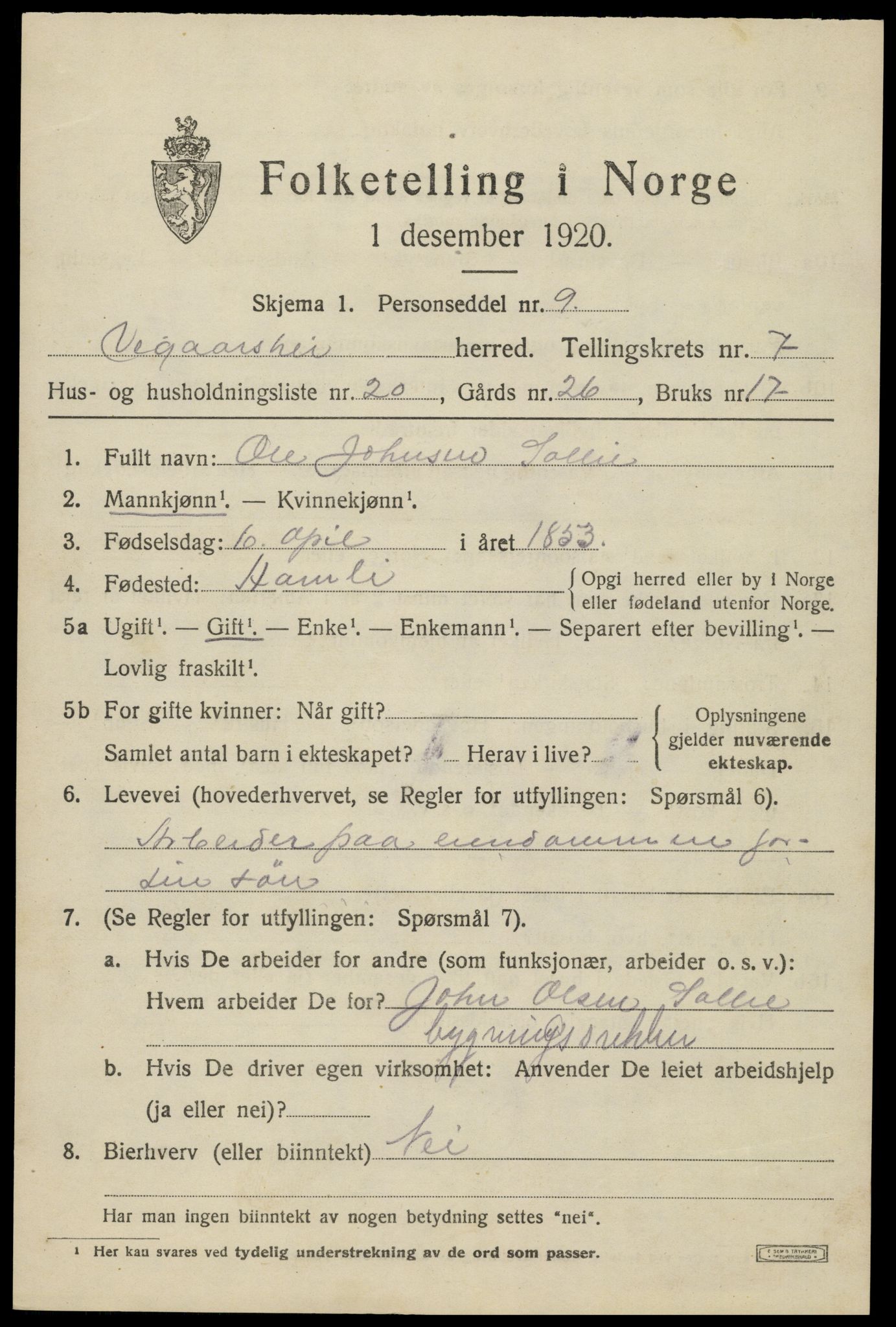 SAK, Folketelling 1920 for 0912 Vegårshei herred, 1920, s. 2694