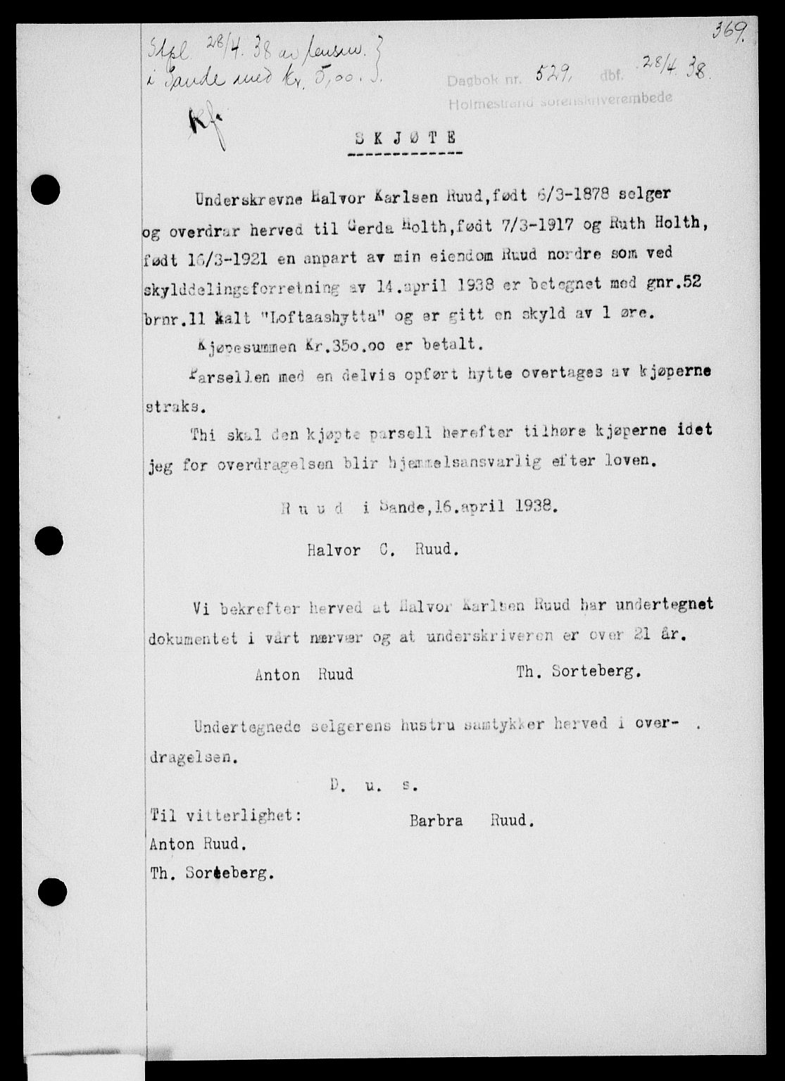 Holmestrand sorenskriveri, SAKO/A-67/G/Ga/Gaa/L0049: Pantebok nr. A-49, 1937-1938, Dagboknr: 529/1938