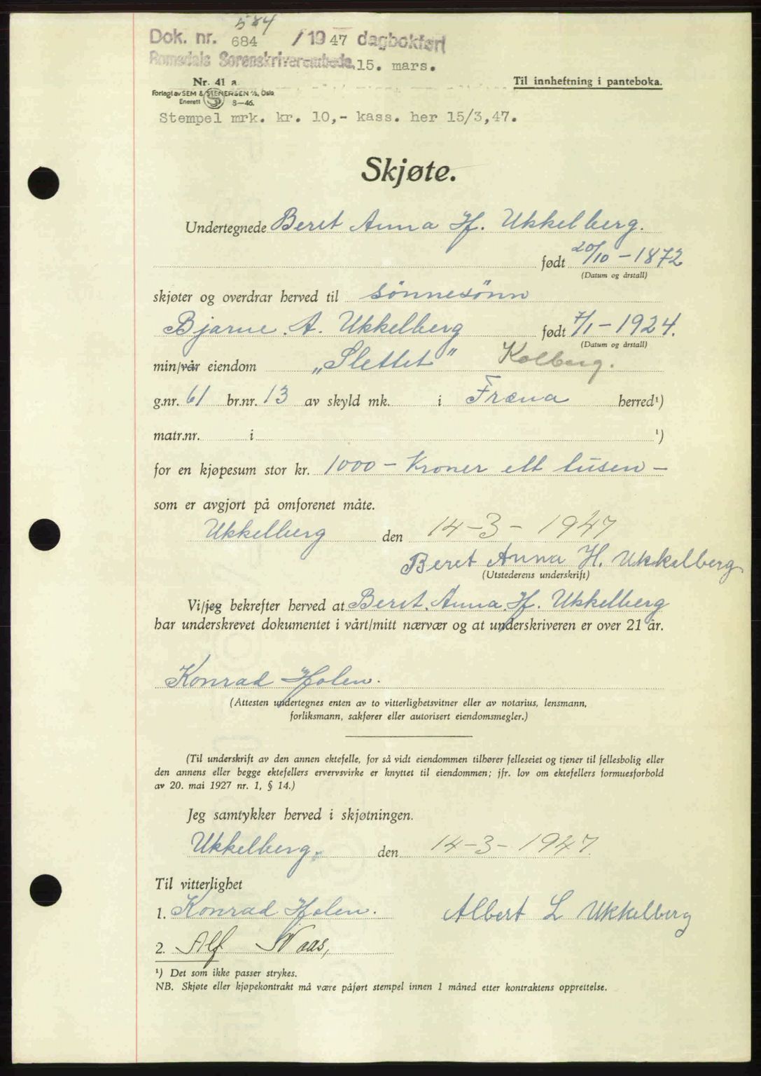 Romsdal sorenskriveri, SAT/A-4149/1/2/2C: Pantebok nr. A22, 1947-1947, Dagboknr: 584/1947