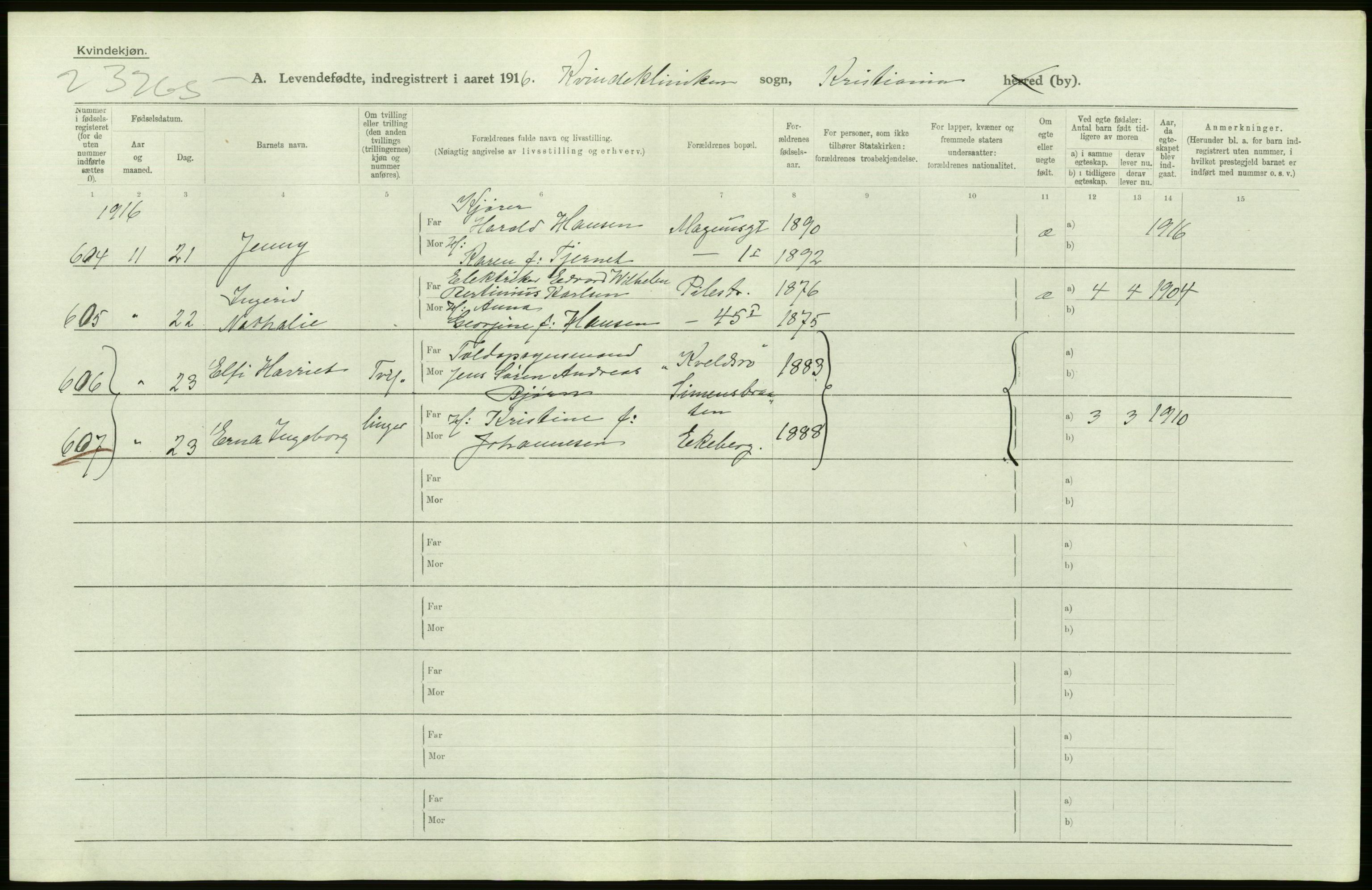 Statistisk sentralbyrå, Sosiodemografiske emner, Befolkning, RA/S-2228/D/Df/Dfb/Dfbf/L0007: Kristiania: Levendefødte menn og kvinner., 1916, s. 292