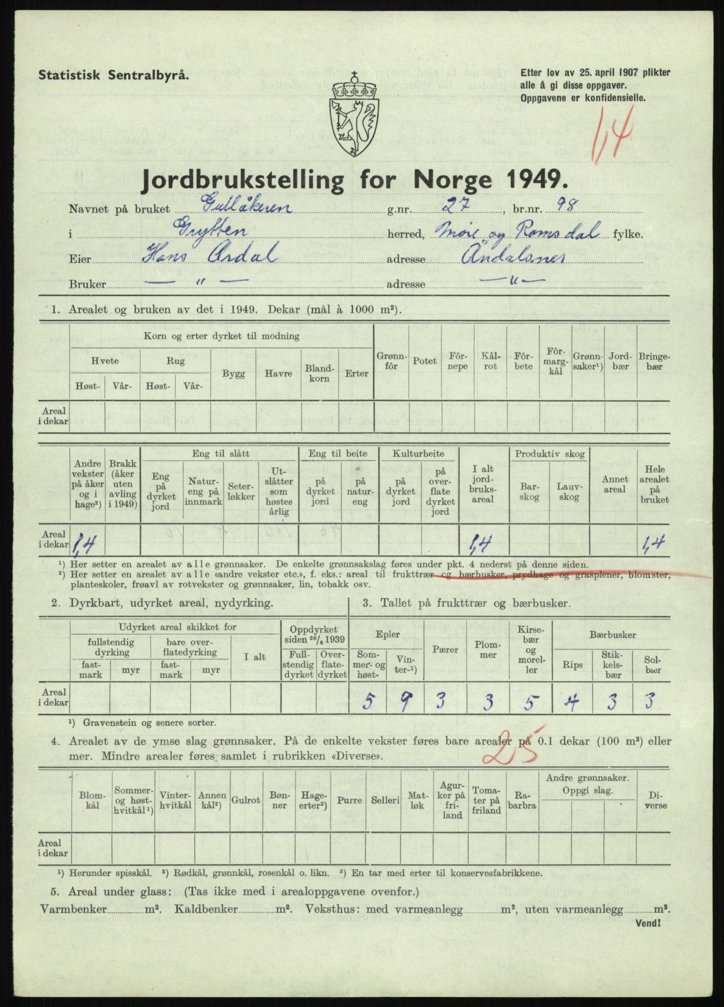 Statistisk sentralbyrå, Næringsøkonomiske emner, Jordbruk, skogbruk, jakt, fiske og fangst, AV/RA-S-2234/G/Gc/L0323: Møre og Romsdal: Grytten og Hen, 1949, s. 17