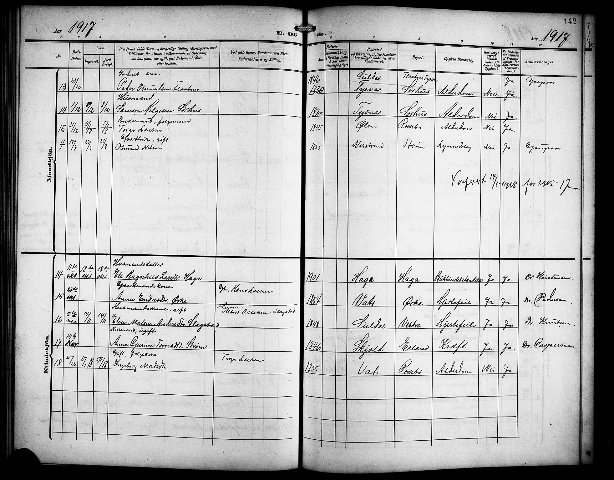 Skjold sokneprestkontor, AV/SAST-A-101847/H/Ha/Hab/L0008: Klokkerbok nr. B 8, 1906-1920, s. 142