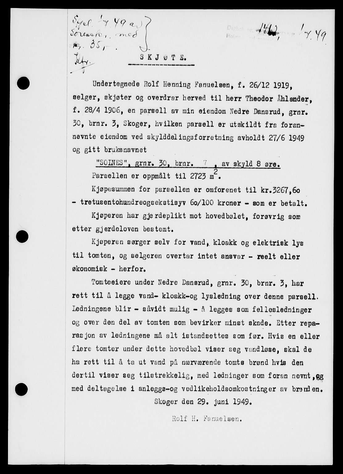 Holmestrand sorenskriveri, SAKO/A-67/G/Ga/Gaa/L0067: Pantebok nr. A-67, 1949-1949, Dagboknr: 1462/1949