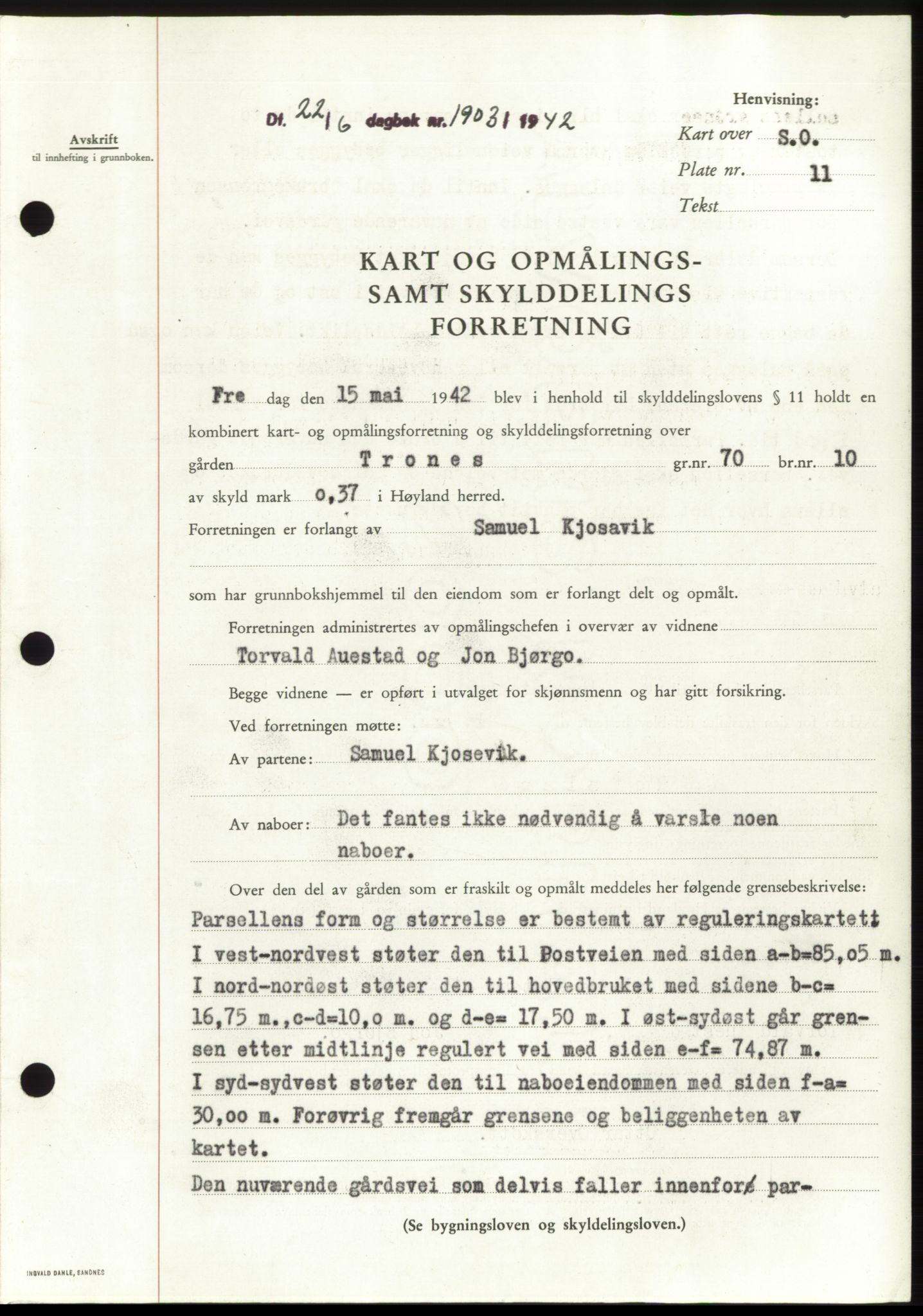 Jæren sorenskriveri, SAST/A-100310/03/G/Gba/L0082: Pantebok, 1942-1942, Dagboknr: 1903/1942
