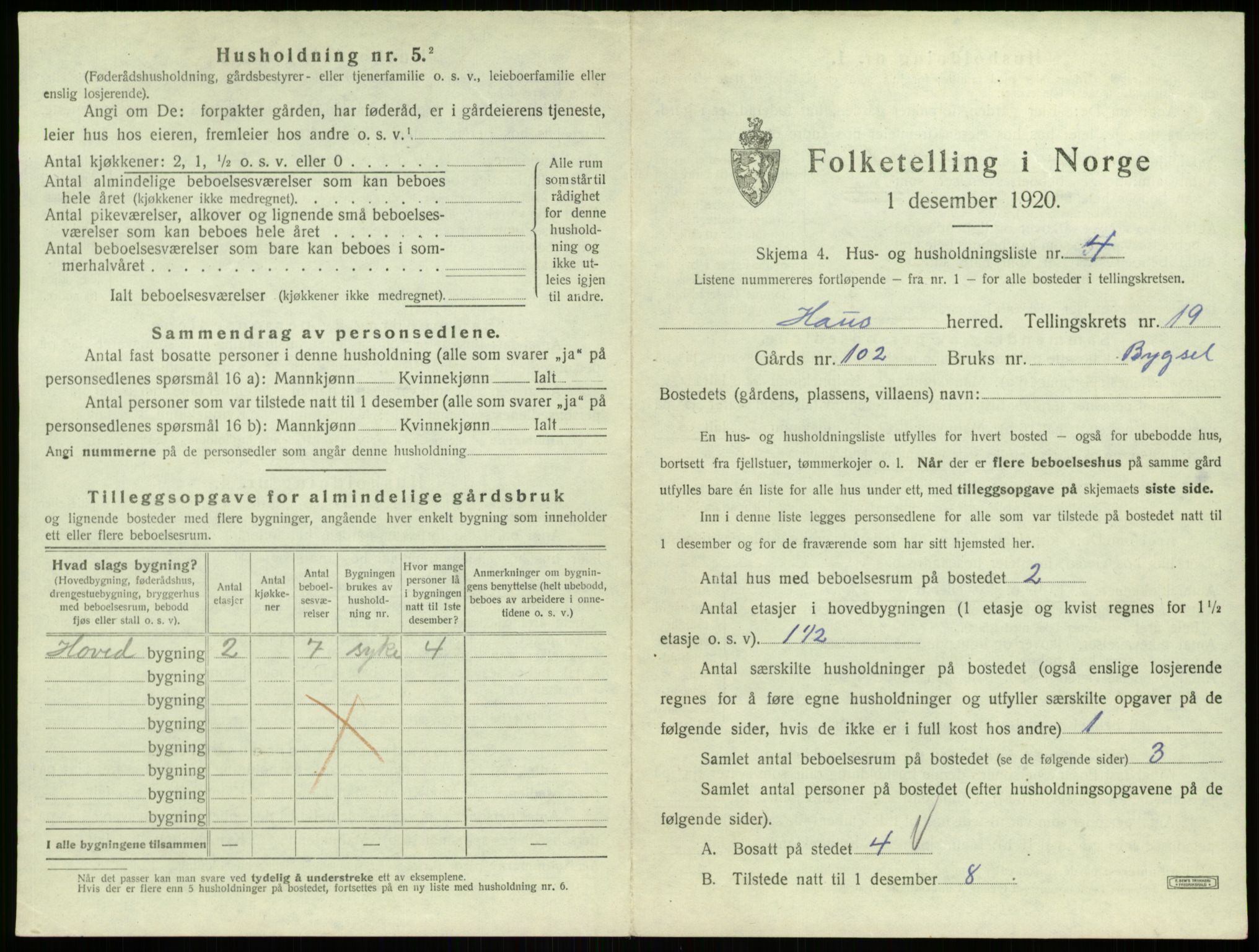 SAB, Folketelling 1920 for 1250 Haus herred, 1920, s. 1619