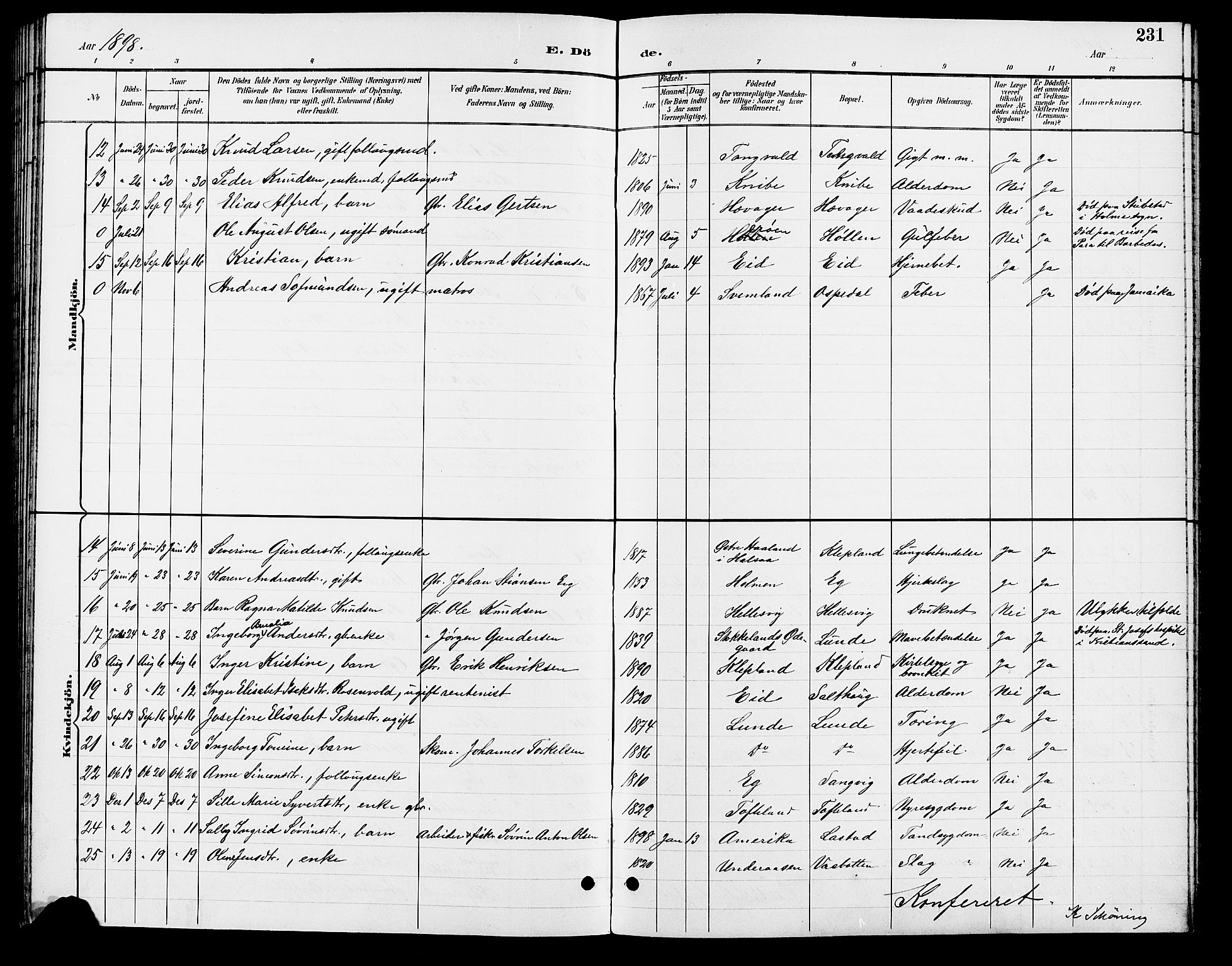 Søgne sokneprestkontor, AV/SAK-1111-0037/F/Fb/Fbb/L0006: Klokkerbok nr. B 6, 1892-1911, s. 231