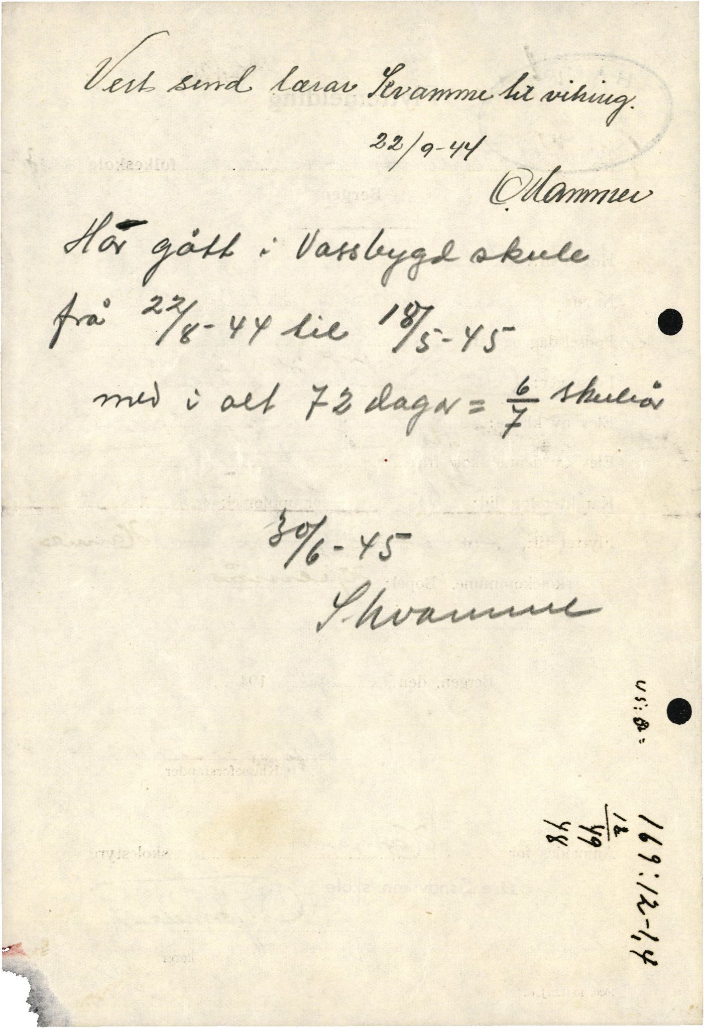 Hamre kommune. Formannskapet, IKAH/1254-021/D/Db/L0013b/0004: Krig og krisetider (1940-1945) / Evakuerte born. Undervisning. Oppgåver frå skulane i Hamre , 1940-1945, s. 33