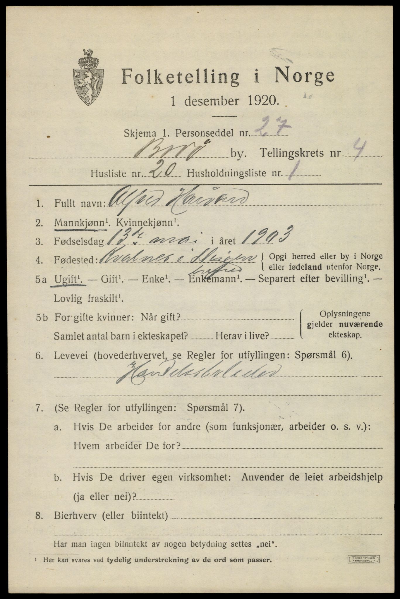 SAT, Folketelling 1920 for 1804 Bodø kjøpstad, 1920, s. 7667