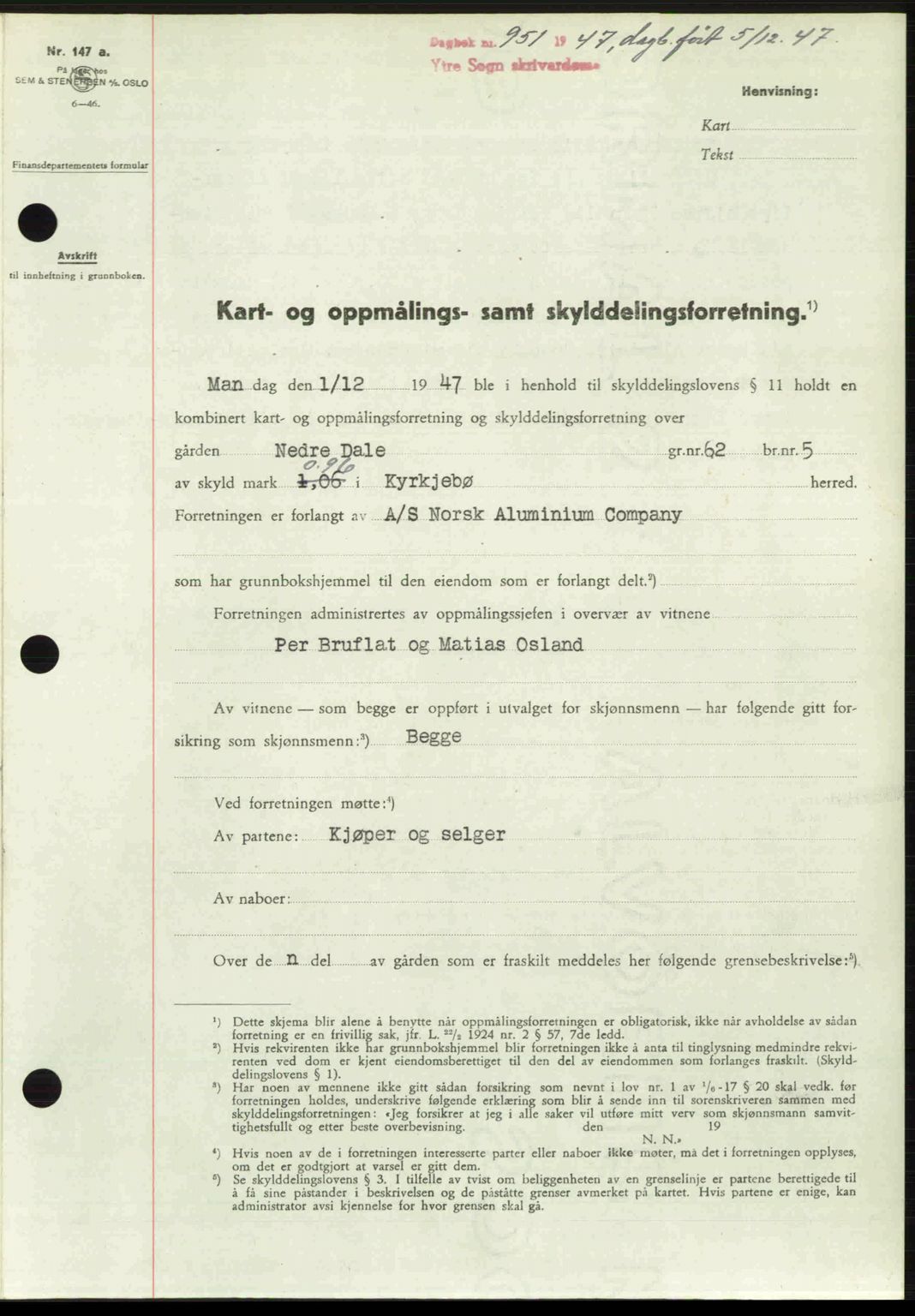 Ytre Sogn tingrett, SAB/A-2601/1/G/Gbb/L0005: Pantebok nr. A3 - A4 (B2), 1947-1948, Dagboknr: 951/1947