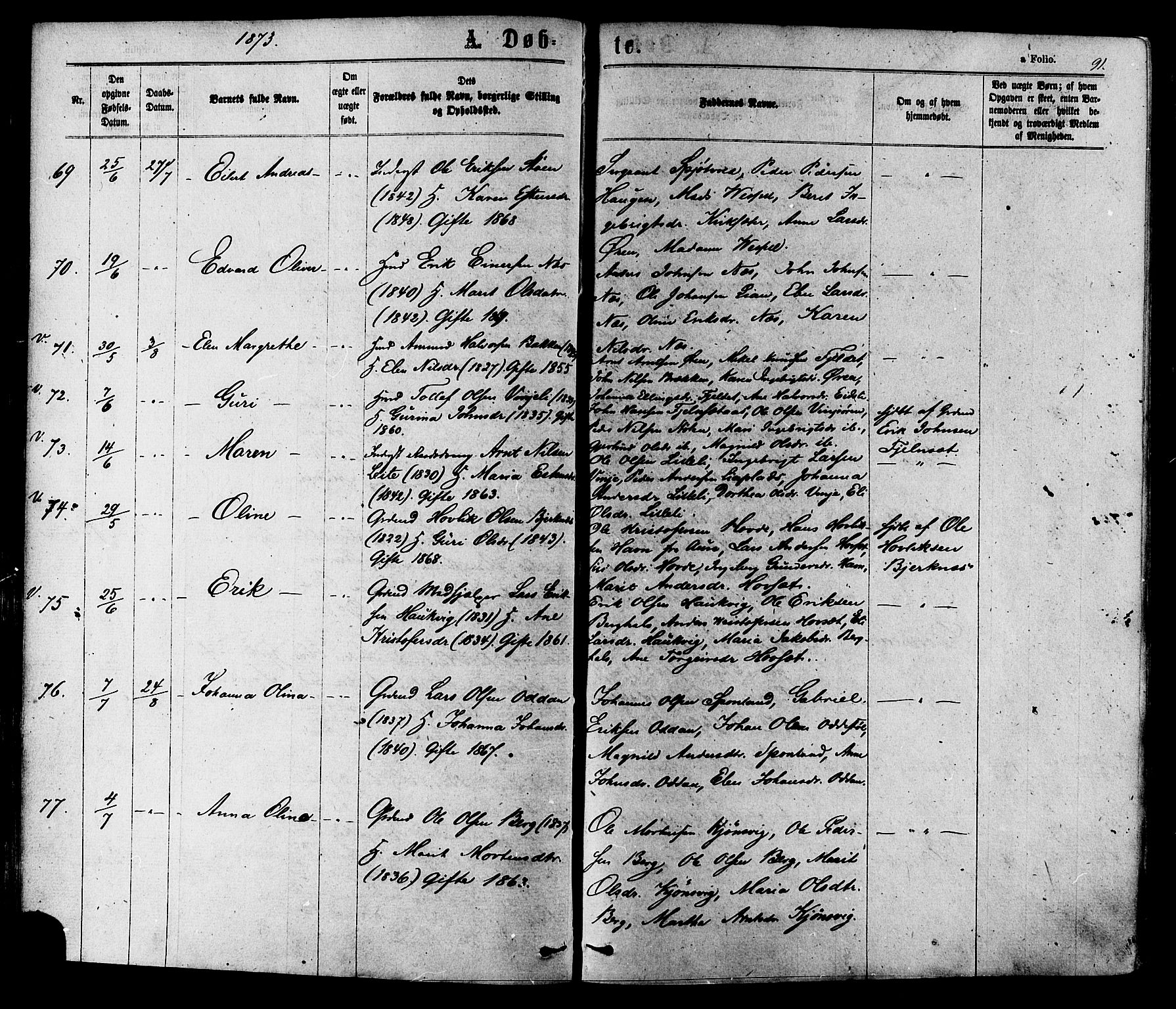 Ministerialprotokoller, klokkerbøker og fødselsregistre - Sør-Trøndelag, AV/SAT-A-1456/630/L0495: Ministerialbok nr. 630A08, 1868-1878, s. 91