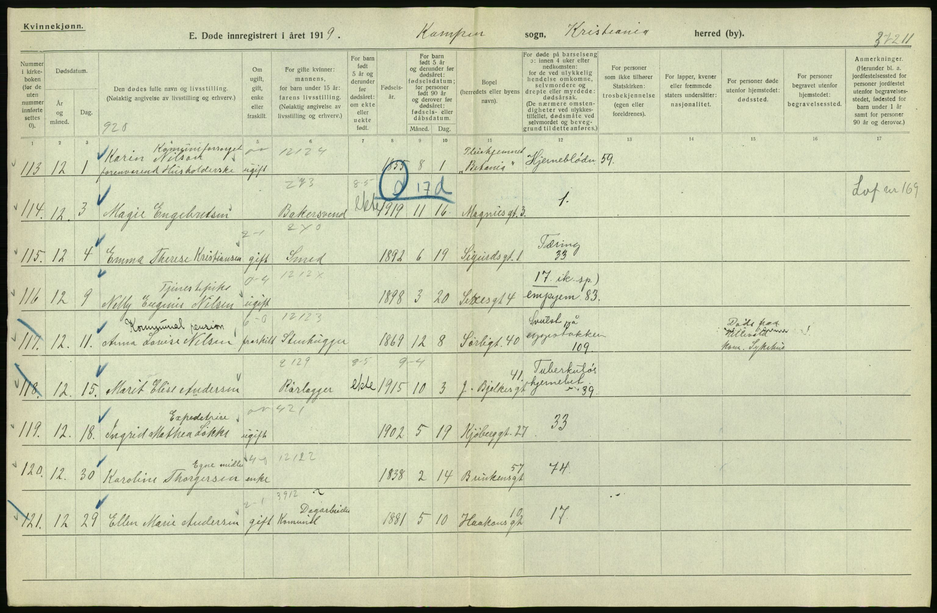 Statistisk sentralbyrå, Sosiodemografiske emner, Befolkning, AV/RA-S-2228/D/Df/Dfb/Dfbi/L0010: Kristiania: Døde, 1919, s. 140