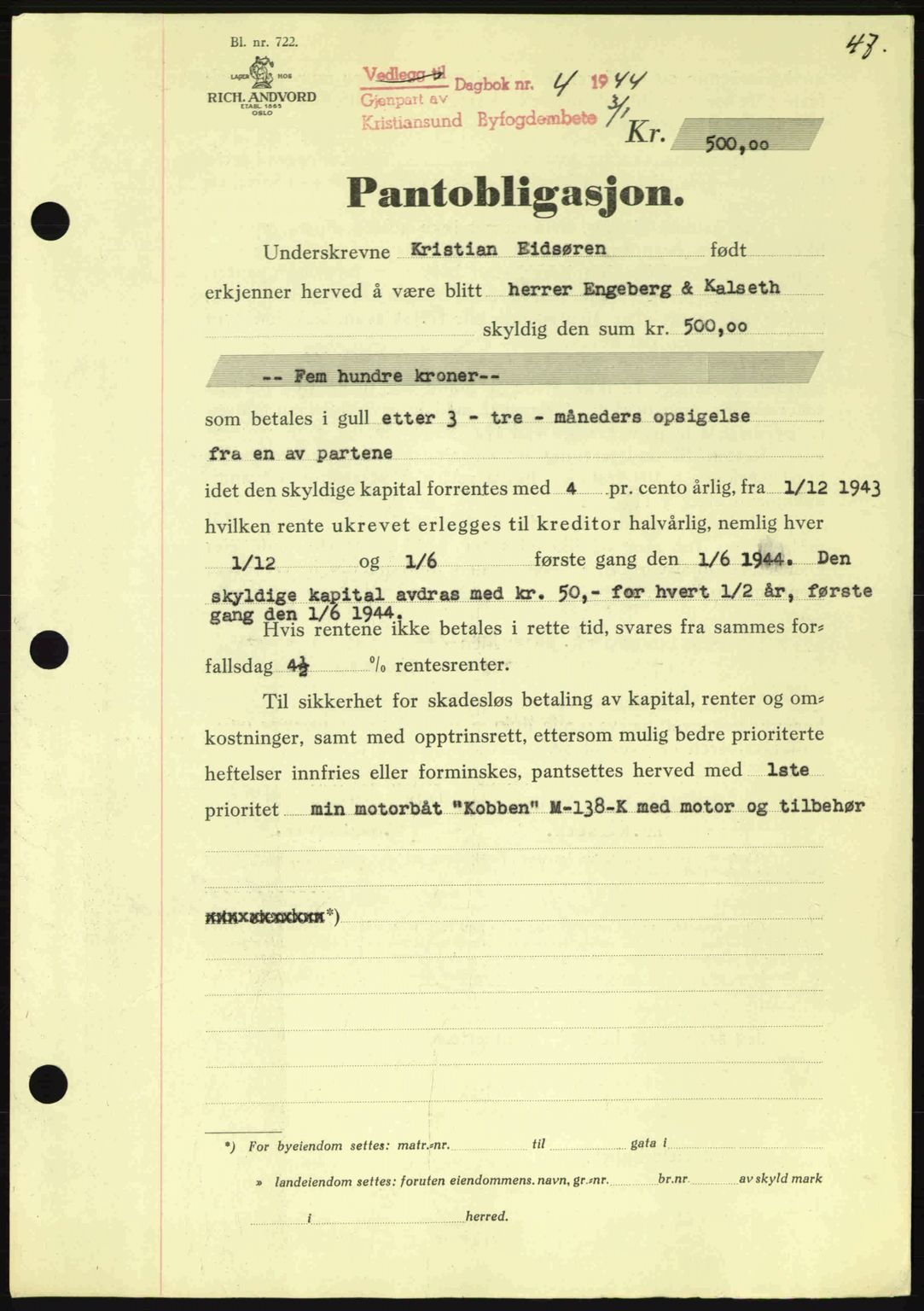 Kristiansund byfogd, SAT/A-4587/A/27: Pantebok nr. 37-38, 1943-1945, Dagboknr: 4/1944